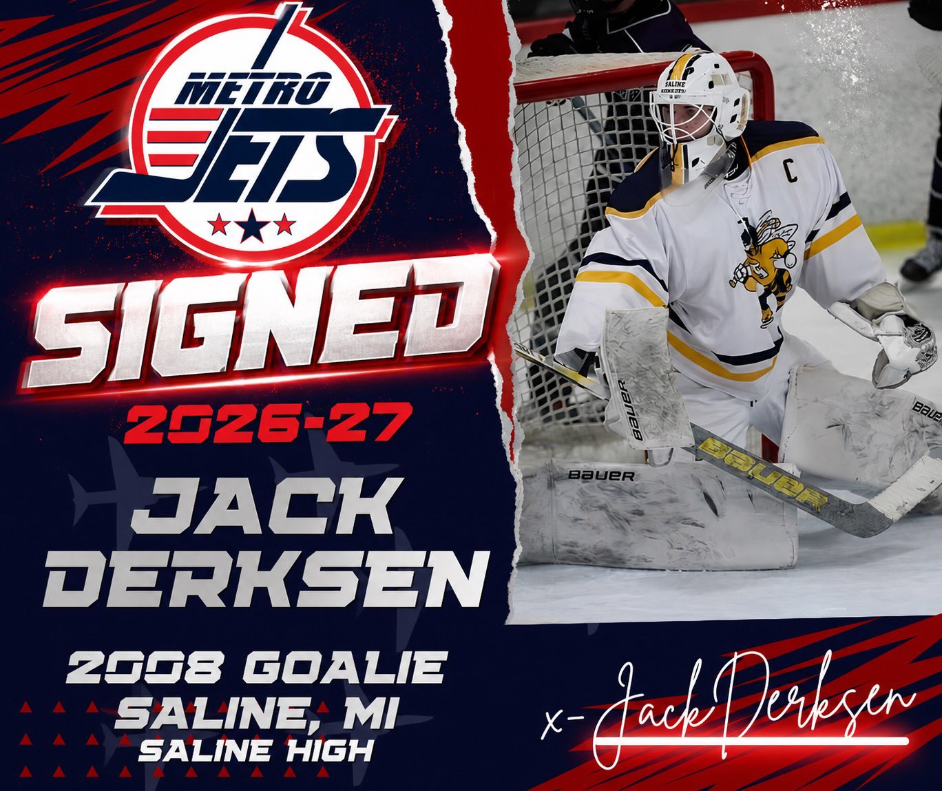 🔔 PLAYER SIGNING 🔔
The #MetroJets are excited to announce the signing of goaltender Jack Derksen for the 2026-27 season!
A native of Saline, Mich., Derksen joins #JetsNation after starring for Saline High School, serving as captain for the Hornets in 2025-26.
Derks brings a steady game to the Jets and guided by goaltending coach Randy Wilson, will grow and develop his game on a daily basis. We’re looking forward to watching that progress.
Welcome to Mount Clemens Ice Arena!
#PlayLikeBray