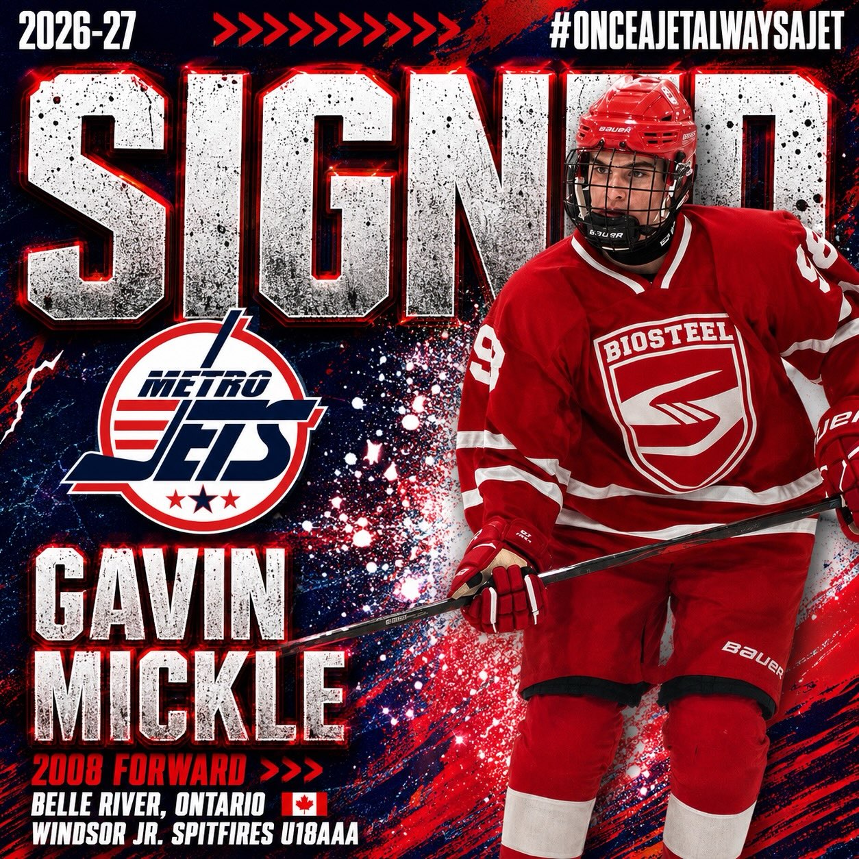 🔔 PLAYER SIGNING 🔔 
 
The #MetroJets are thrilled to announce the signing of forward Gavin Mickle for the 2026-27 season!

A native of Belle River, Ont., Mickle joins #JetsNation from across the border and has several years of AAA experience and development in the United States and Canada.

Mick is anxious to get stated - as are we - and we can’t wait to get him into our environment and systems to see him reach his full potential. 

Welcome to Mount Clemens Ice Arena!

#PlayLikeBray