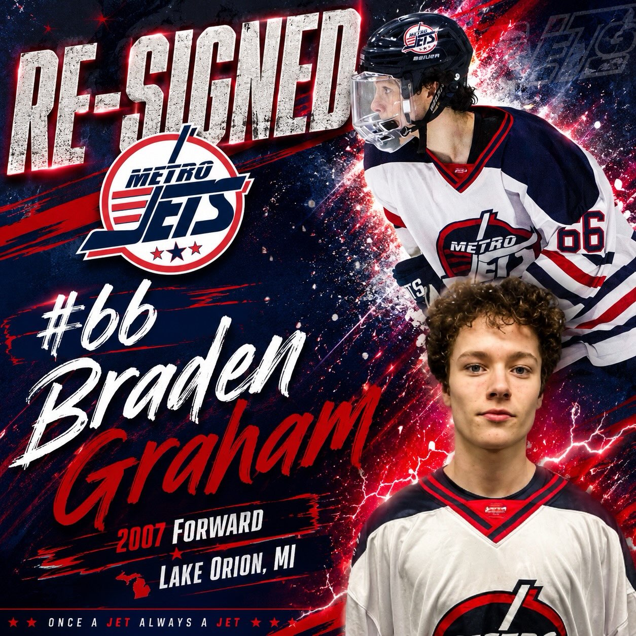 🔔 PLAYER SIGNING 🔔
The #MetroJets are thrilled to announce the re-signing of forward Braden Graham for the 2026-27 season!
A native of Lake Orion, Mich., Graham returns to #JetsNation after recording 20 goals and 18 assists for 38 points in 41 games last season.
Braden is returning to the Jets to take his game to the next level after a big offensive season last year and we couldn’t be more excited to get to work with him again.
Welcome back to Mount Clemens Ice Arena!
#PlayLikeBray