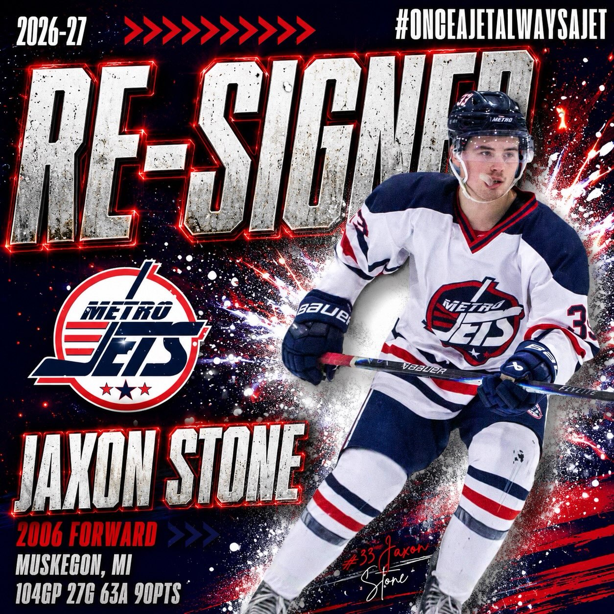 🔔 PLAYER SIGNING 🔔 

The #MetroJets are thrilled to announce the re-signing of forward Jaxon Stone for the 2026-27 season!

The Muskegon, Mich., native returns to #JetsNation after recording 27 goals and 63 assists for 90 points over 104 games the past two seasons for the Jets. 

Jax has refined his game with the Jets by buying in to our development platforms and now entering his third and final junior hockey season, will be counted on in many facets for our program this year. 

Welcome back to Mount Clemens Ice Arena!

#PlayLikeBray