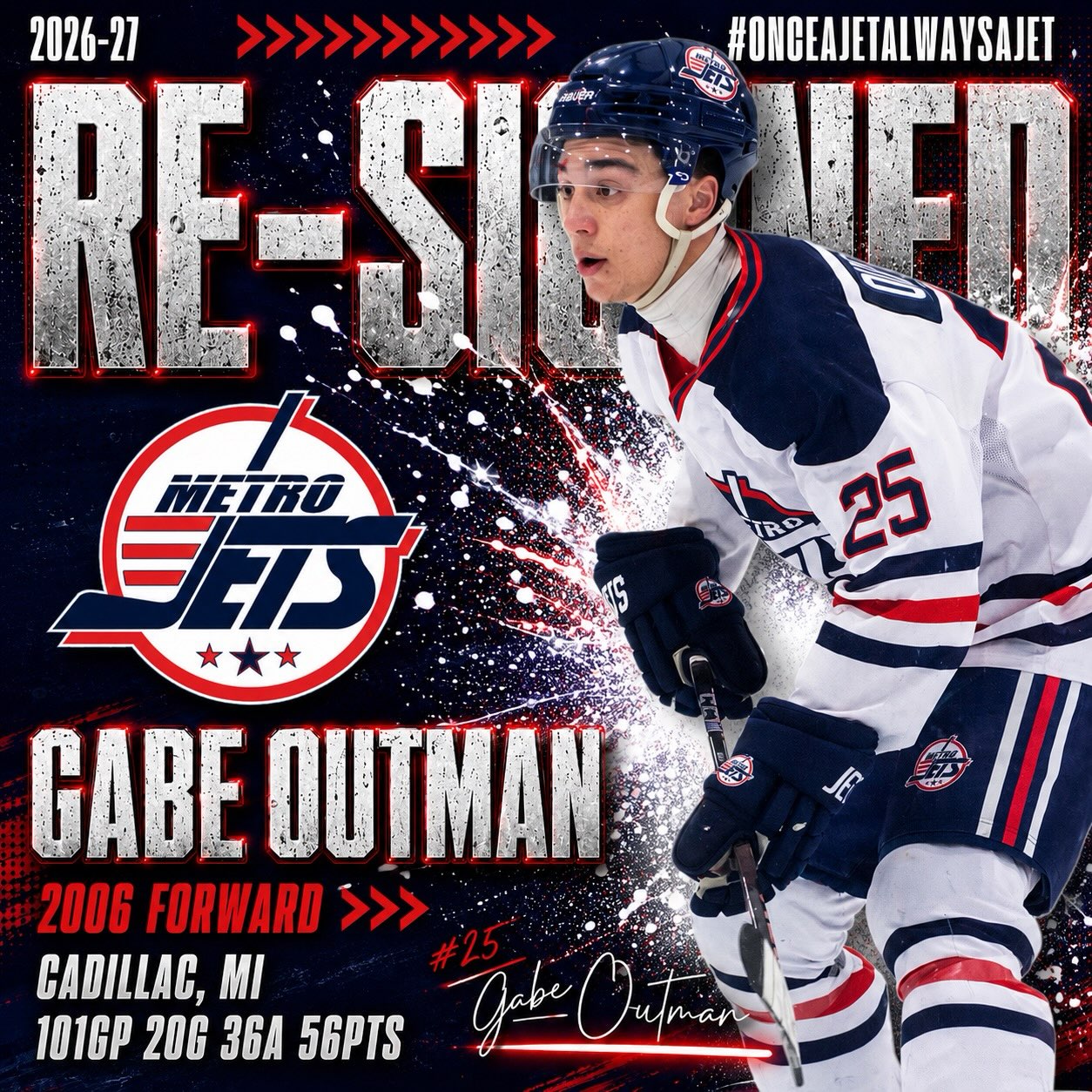 🔔 PLAYER SIGNING 🔔
The #MetroJets are excited to announce the re-signing of forward Gabe Outman for the 2026-27 season!
The Cadillac, Mich., native makes his return to #JetsNation after putting up 20 goals and 36 assists for 56 points over 101 games the past two seasons for the Jets.
Gabe has turned into a reliable player during his time with the Jets and as he enters his last junior hockey season, we’re looking forward to seeing what he will accomplish this year,
Welcome back to Mount Clemens Ice Arena!
#PlayLikeBray