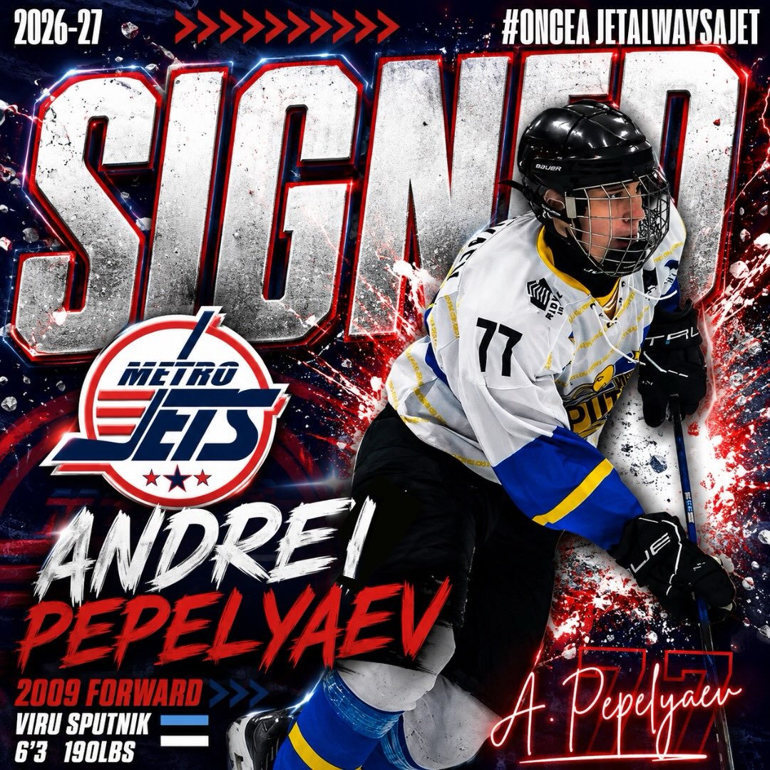 🔔 PLAYER SIGNING 🔔
The #MetroJets are thrilled to announce the signing of forward Andrei Pepelyaev for the 2026-27 season!
Coming over from across the pond, Pepelyaev joins #JetsNation after playing the last few seasons in Estonia, winning a league championship in 2025-26 with Viru Sputnik and his fellow countryman and former Jets goalie Rosti Efremov, who was league MVP, by the way.
Andrei is a big body as a 2009 birth year who is known for his raw power and his quick release. We’re counting down the days until Pepe arrives in Macomb County!
Welcome to Mount Clemens Ice Arena!
#PlayLikeBray