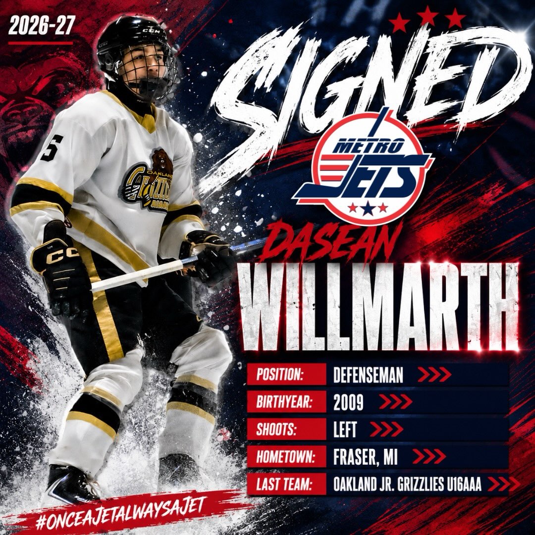 🔔 PLAYER SIGNING 🔔
The #MetroJets are excited to announce the signing of defenseman Dasean Willmarth for the 2026-27 season!
A local product from Fraser, Mich., who played AAA hockey last season for the Oakland Jr. Grizzlies, Willmarth jumps aboard #JetsNation with an impressive pedigree.
We are excited to work with Dasean this coming season to fine-tune what he already does well and to see his game take off to a whole new level.
Welcome to Mount Clemens Ice Arena!
#PlayLikeBray