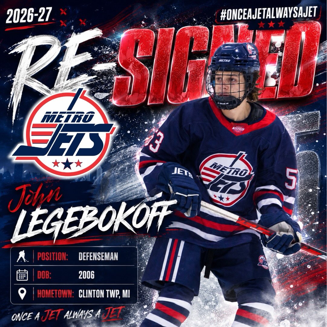 🔔 PLAYER SIGNING 🔔 

The #MetroJets are thrilled to announce the re-signing of defenseman John Legebokoff for the 2026-27 season!

A local product from Clinton Township, Mich., Legebokoff returns to #JetsNation after racking up five goals and 30 assists for 35 points in 92 total games the past two seasons.

Johnny has developed his game each season with the Jets and with next season being his final season of junior hockey, we’re looking for him to take another step to round out his game for the next level. 

Welcome back to Mount Clemens Ice Arena!

#PlayLikeBray
