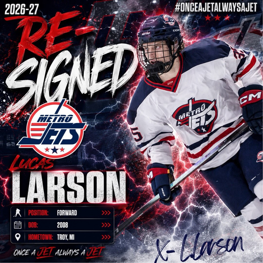 🔔 PLAYER SIGNING 🔔
The #MetroJets are excited to announce the re-signing of forward Lucas Larson for the 2026-27 season!
A Troy, Mich., native, Larson comes back to #JetsNation after joining the team near the end of last year and putting up two goals and three assists for five points in 10 total games.
Lucas has the skill set we are looking for and we had a small taste of that last season. We’re pumped to see what a full year in our environment will do for his overall development.
Welcome back to Mount Clemens Ice Arena!
#PlayLikeBray
