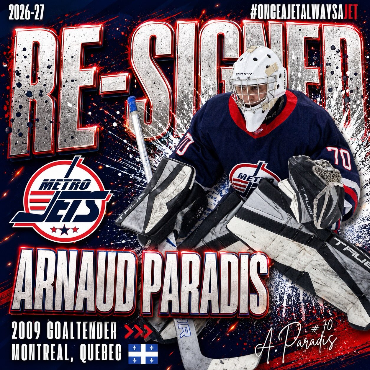 🔔 PLAYER SIGNING 🔔
The #MetroJets are thrilled to announce the re-signing of goaltender Arnaud Paradis for the 2026-27 season!
A native of Montreal, Quebec, Paradis returns to #JetsNation after playing last season as one of the youngest players on the team and in the entire USPHL.
Paradis showed flashes of brilliance last year as a 2009 birth year and with another full season with our goaltending coach Randy Wilson, the sky is the limit for this youngster from Canada.
Welcome back to Mount Clemens Ice Arena!
#PlayLikeBray