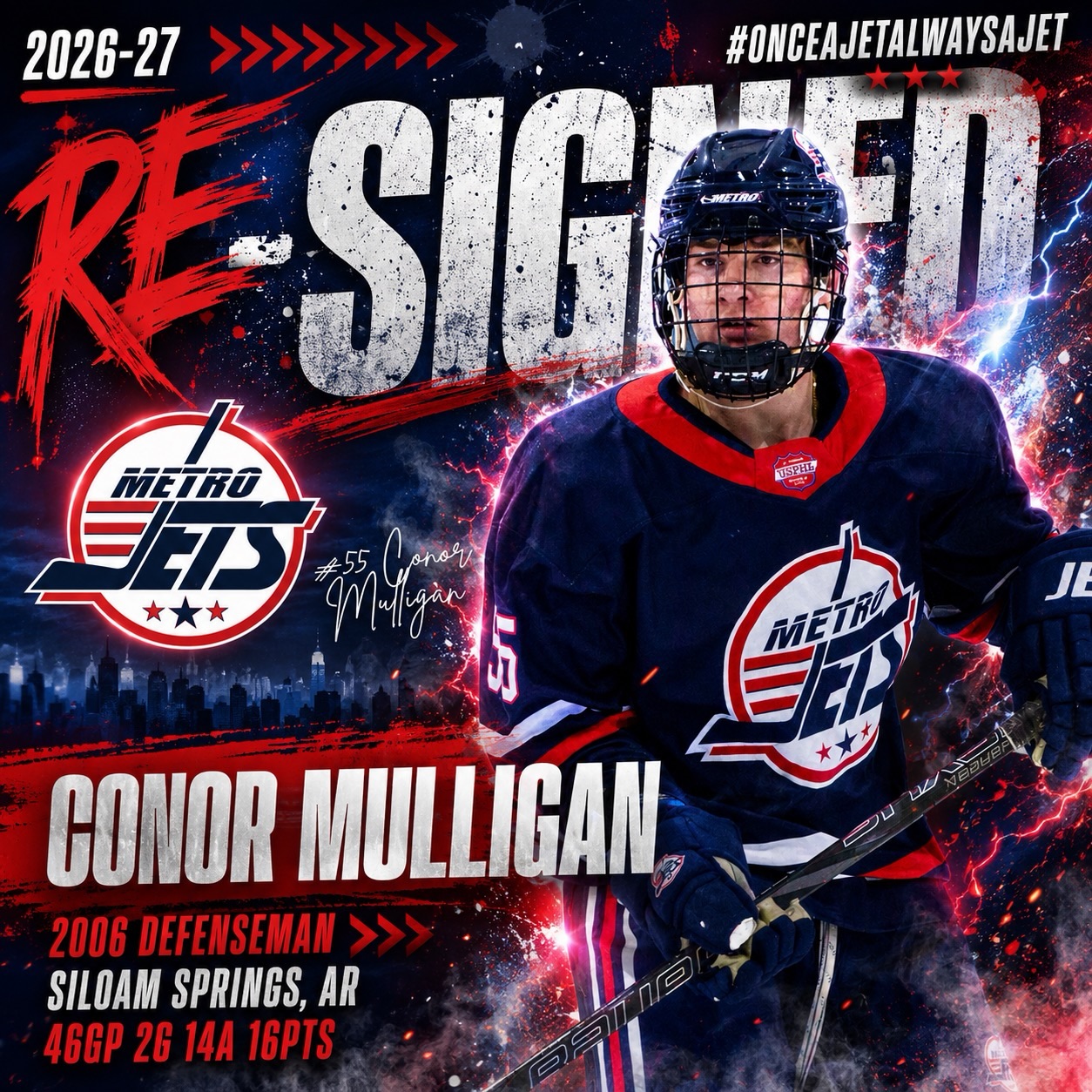 🔔 PLAYER SIGNING 🔔
The #MetroJets are thrilled to announce the re-signing of 2006 defenseman Conor Mulligan for the 2026-27 season!
A native of Siloam Springs, AR Mulligan returns to #JetsNation for his final junior campaign. Posting a career best 16PTS in 44GP during the 2025-26 season.
Mulligan came to Jets from another junior program to invest in himself and his development. Our model helped provide him with the tools to grow his game and get to the next level. The 2006 D-man showed what hard work and commitment can do when you have the right environment to help you.
Welcome back to the Jets!
#juniorhockey #usphl #playlikebray
