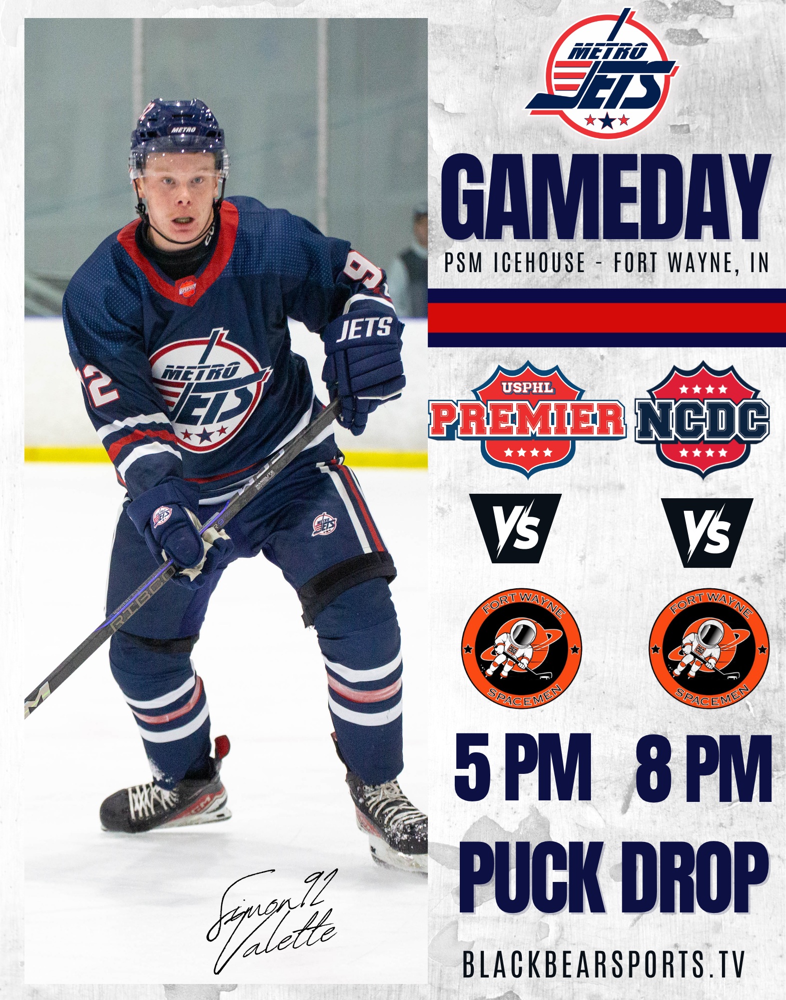 Your Jets hit the road to Indiana to face-off vs the Fort Wayne Spacemen. 🚌
Premier Puck Drop 5pm 🏒
NCDC Puck Drop 8pm 🏒
🎦 Watch live on Blackbearsports.tv 🎦
#PlayLikeBray #NCDC