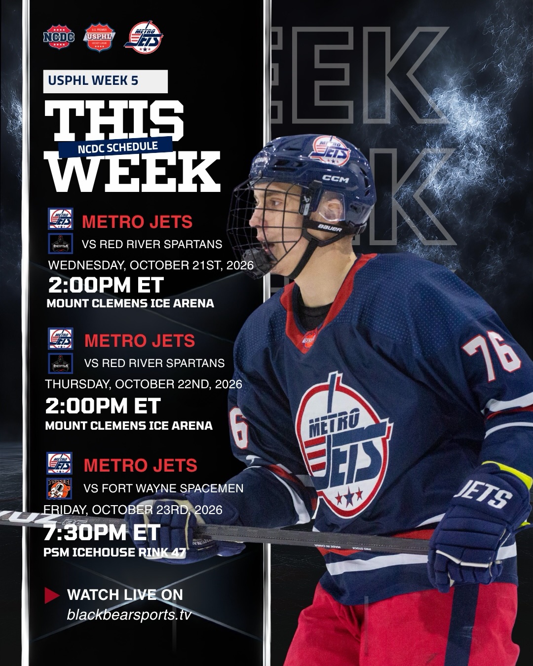 🏒 WEEK 5 IS HERE, JETS NATION!
Here’s what’s on the schedule this week. 👀🔥
📺 Watch LIVE on blackbearsports.tv
#jetsnation #metrojets #onceajetalwaysajet #usphl #playlikebray