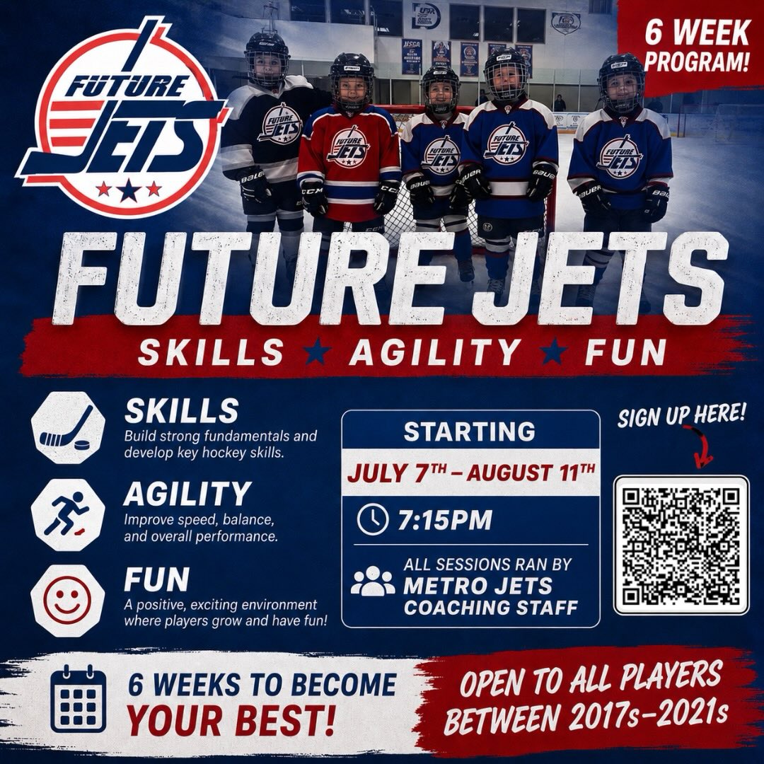 ✈️ FUTURE FLYERS ✈️
It’s here… our six-week Future Jets program!
Learn skills and agility and most of all, have fun doing it!
All players receive a jersey, hat, and water bottle.
Sign up before June 7 for $150 or $195 after June 7.
For more information and to register, visit https://www.metrojetshockey.com/programs/kids-club/.
#PlayLikeBray #FutureJets