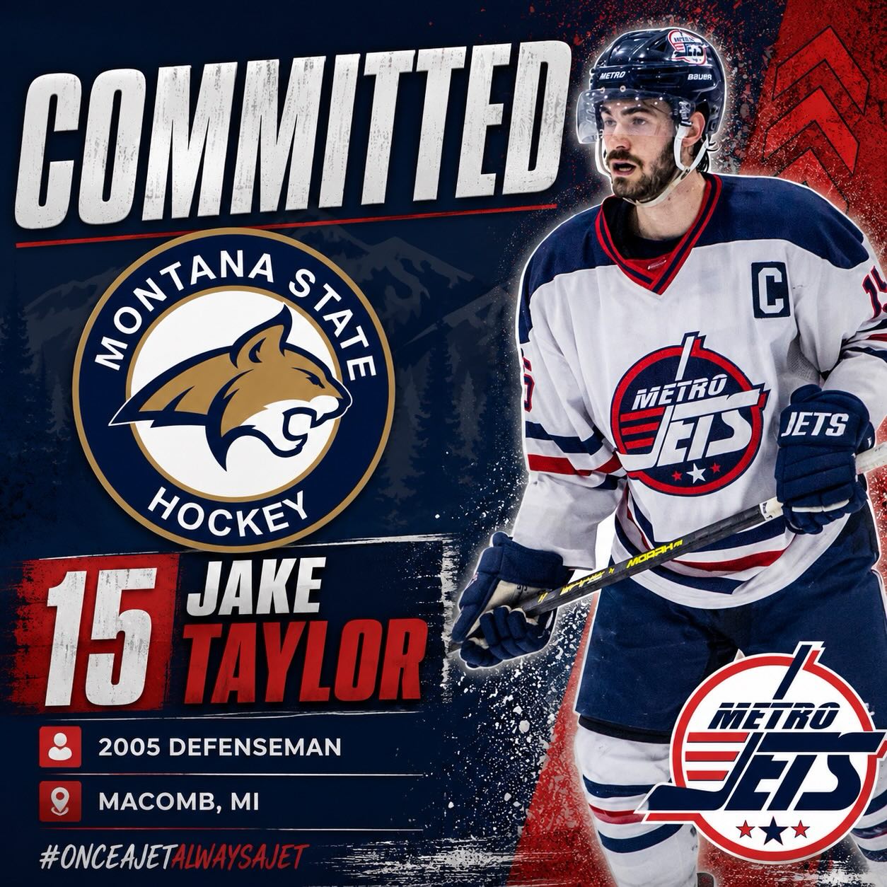 🔔 PLAYER ADVANCEMENT 🔔 

The #MetroJets are pumped to announce that All-Star defenseman Jake Taylor has committed to play #CollegeHockey next season at Montana State!

A four-year player and Jets captain last season, JT finishes his Jets career with 151 points (30 goals, 121 assists) in 164 regular-season games, adding another 20 points (three goals, 17 assists) in 28 postseason games. 

JT is more proof of what happens when players buy in to the Jets development system and utilize the platforms to gain maximum results, on and off the ice.

Congrats, JT! Go show Montana State that you are #CollegeReady! 

#JettingToCollegeHockey #OnceAJetAlwaysAJet ✈️ PlayLikeBray