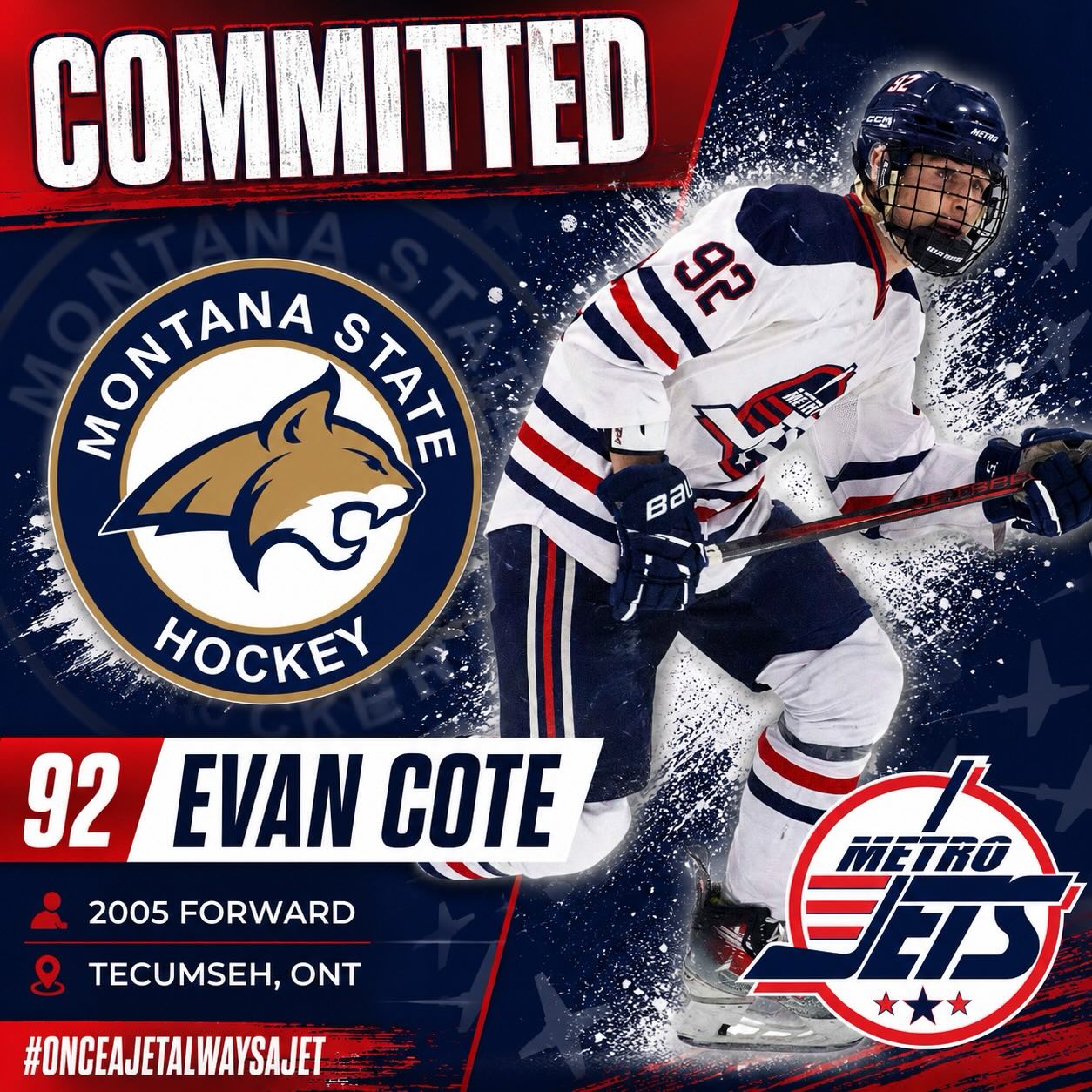 🔔 PLAYER ADVANCEMENT 🔔 

The #MetroJets are excited to announce that forward Evan Cote has committed to play #CollegeHockey next season at Montana State!

A two-year player for the Jets, Evan ends his Jets career with 49 points (30 goals, 19 assists) in 63 regular-season games, adding another four points (two goals, two assists) in 12 postseason games. 

Cote bought in to the Jets development platforms and took his game to a new level during his time here. Now, he’s off to the next level of the game!

Congrats, Evan! Go show Montana State that you are #CollegeReady! 

#JettingToCollegeHockey #OnceAJetAlwaysAJet ✈️ PlayLikeBray