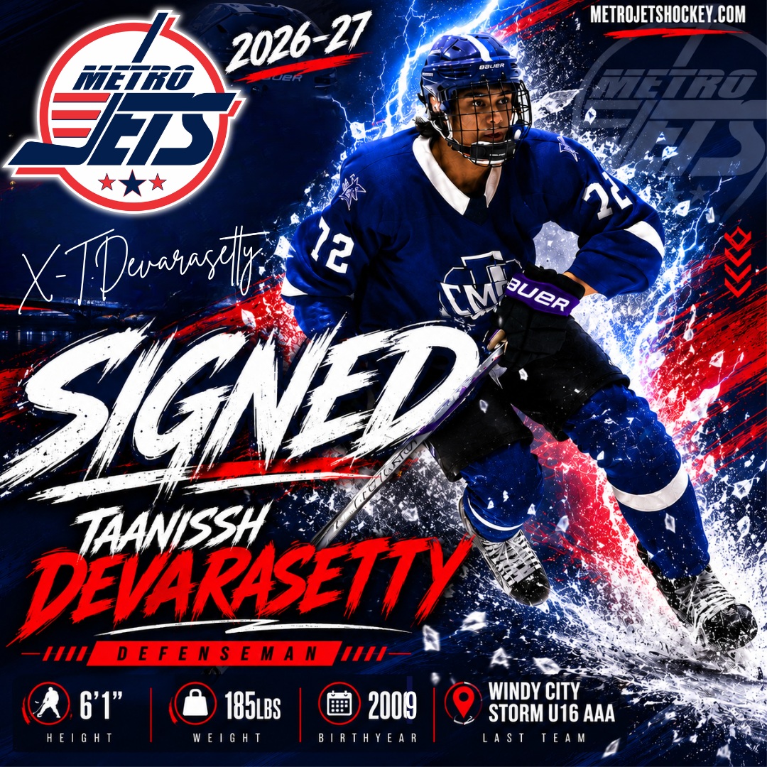 The #Jets are proud to announce the signing of rookie defenseman Taanissh Devarasetty for the 2026-27 season!
The 2009 6’1 d-man officially signs with the Jets after a strong 2025-26 with the Windy City Storm U16AAA. Everyone is excited to get to work with Taanissh and see him develop with our top model here in Metro Detroit. Welcome to #JetsNation
#PlayLikeBray #MetroJets #OnceAJetAlwaysAJet
