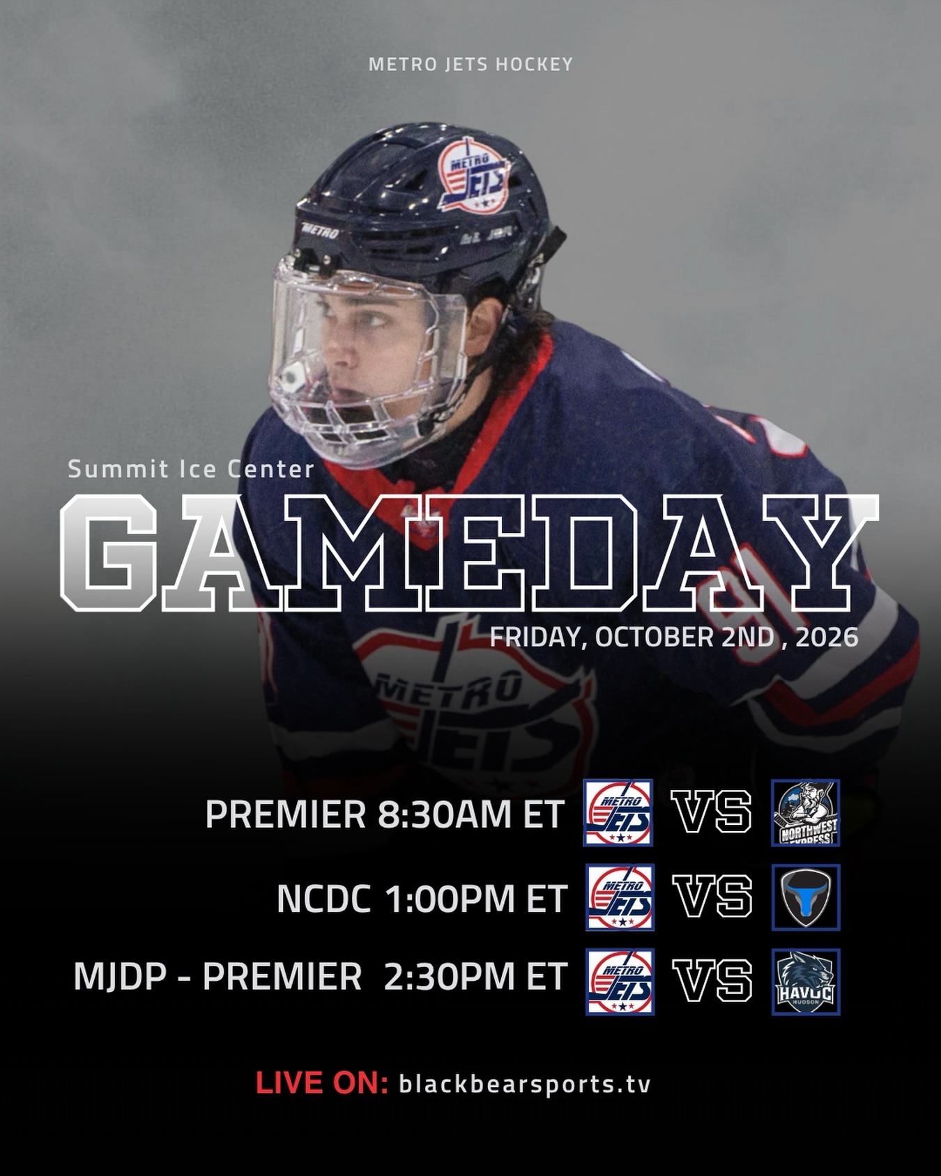 🚨 GAME DAY, JETS NATION! 🚨
It’s a full day of hockey! 🏒🔥 All three Metro Jets teams are in action at Summit Ice Center!
🔥 8:30 AM - Premier
vs. Northwest Express
📍 Summit Ice Center North
🔥 1:00 PM - NCDC
vs. Minnesota Blue Ox
📍 Summit Ice Center South
🔥 2:30 PM - MJDP
vs. Hudson Havoc
📍 Summit Ice Center North
📺 LIVE on blackbearsports.tv
Let’s go, Jets Nation! 🚀
#jetsnation #metrojets #onceajetalwaysajet #usphl #playlikebray