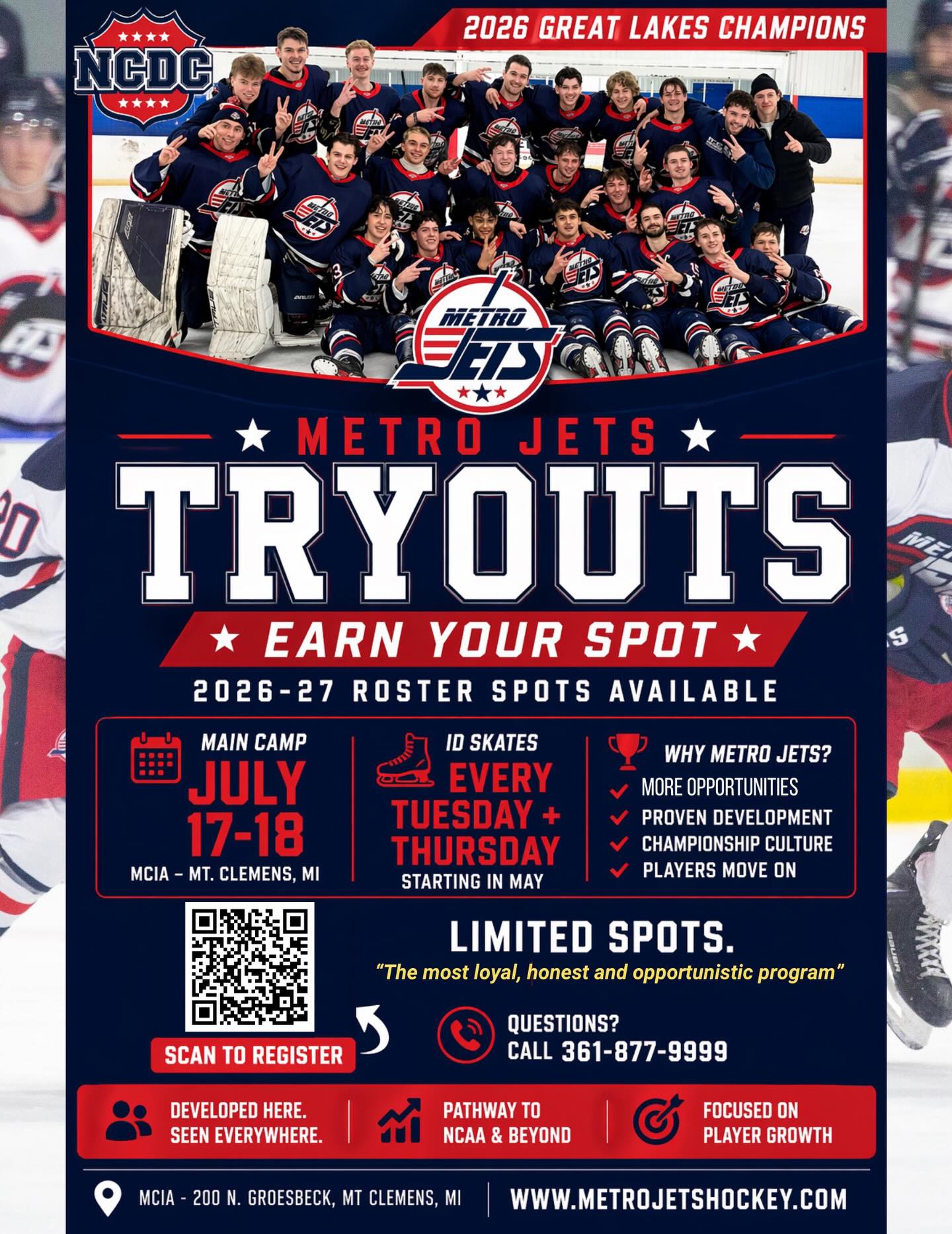✈️ WHO WANTS TO BE A JET? ✈️ 

As we continue to build on the tradition that has become #MetroJets hockey, we are looking forward to the 2026-27 USPHL and NCDC seasons with ID skates and main camp at Mount Clemens Ice Arena!

Want to jump aboard #JetsNation?

Scan the QR code below or visit https://www.metrojetshockey.com/player-interest/ to start your flight today!

#PlayLikeBray