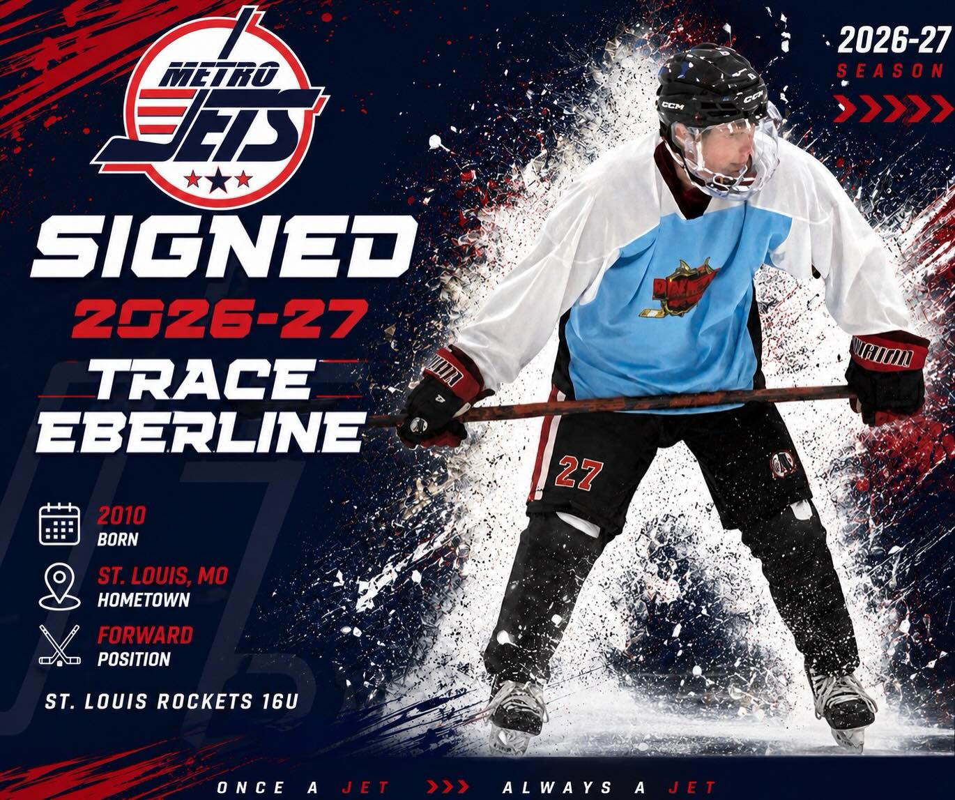 🔔 PLAYER SIGNING 🔔 

The #MetroJets are thrilled to announce the signing of forward Trace Eberline for the 2026-27 season!

A St. Louis, Mo., native, Eberline comes to #JetsNation after spending the 2025-26 season with the St. Louis Rockets 16U team.

Eby is a youngster, but plays a mature game and is a player that will definitely benefit from all of our development platforms. 

Welcome to Mount Clemens Ice Arena!

#PlayLikeBray