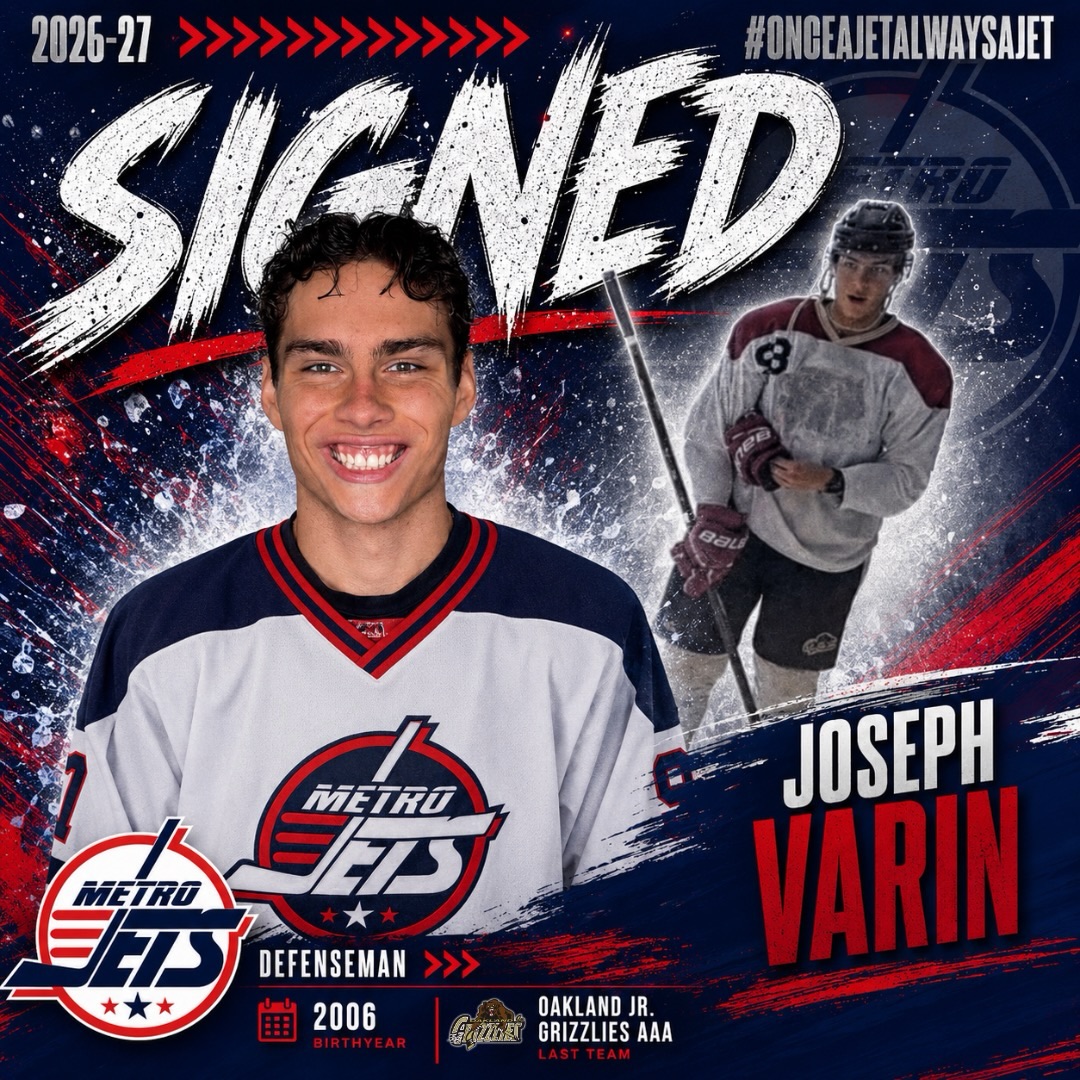 🛎️PLAYER SIGNING🛎️
The #MetroJets are excited to announce the signing of defenseman Joseph Varin for the 2026-27 season!
The Woodstock, GA native officially signs with #JetsNation ready to bring his size and abilities to Metro Detroit again. Varin comes from a familiar program down the road in the Oakland Jr. Grizzlies. He and several others are in attendance for this years Development Camp starting Tuesday, September 1st!
Welcome to the Jets!
#playlikebray #collegeready
