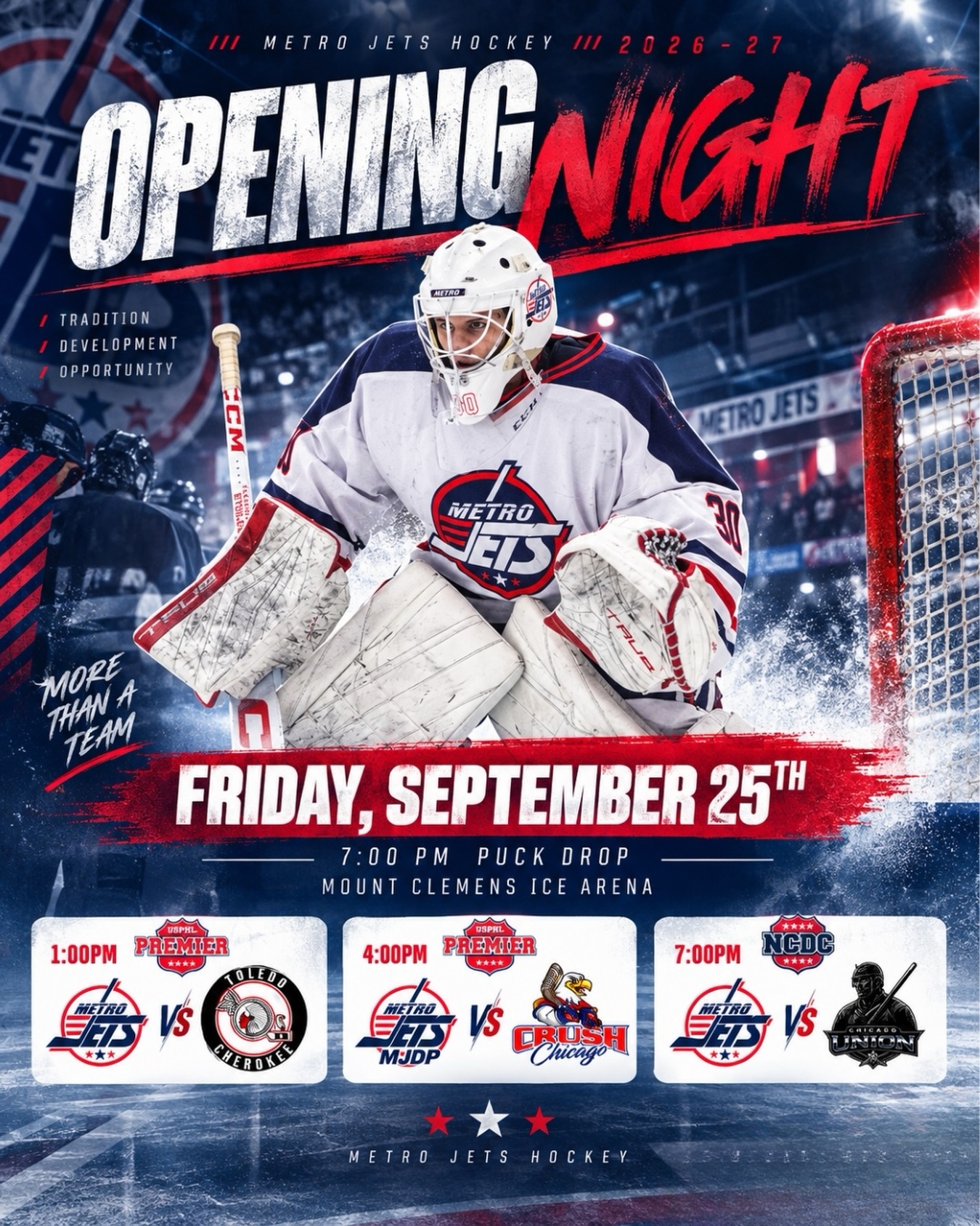 🚨 OPENING NIGHT THIS FRIDAY! 🚨
Friday, September 25th is a BIG one at Mount Clemens Ice Arena as all three Metro Jets teams open their home schedules! 🏒
🔥 1:00 PM — Premier vs. Toledo Cherokee
🔥 4:00 PM — MJPD vs. Crush Chicago
🔥 7:00 PM — NCDC vs. Chicago Union
We’ll see you there, Jets Nation!
📺 Watch LIVE on blackbearsports.tv
#ncdc #usphl #playlikebray #metrojets