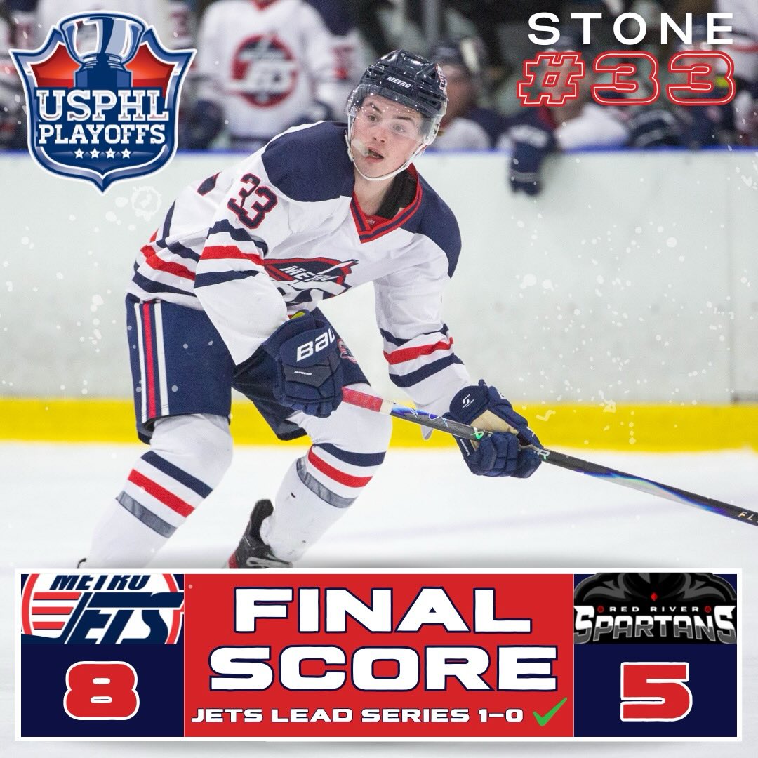 A Jaxon Stone 🎩 🎩 🎩  lifts the #MetroJets to an 8-5 win and a 1-0 series lead!

#USPHLPlayoffs #PlayLikeBray