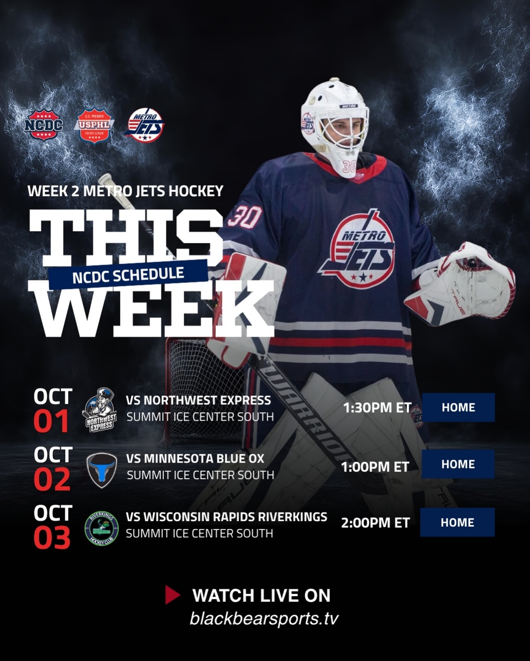 🔔 THIS WEEK’S SCHEDULE, JETS NATION! 🔔

Another week, another chance to compete. 🔥

The Metro Jets are hitting the ice and ready for another big week of action. Check out the schedule, mark your calendars, and follow along! 🏒

🎥 Watch live on blackbearsports.tv

#jetsnation #metrojets #onceajetalwaysajet #usphl #playlikebray