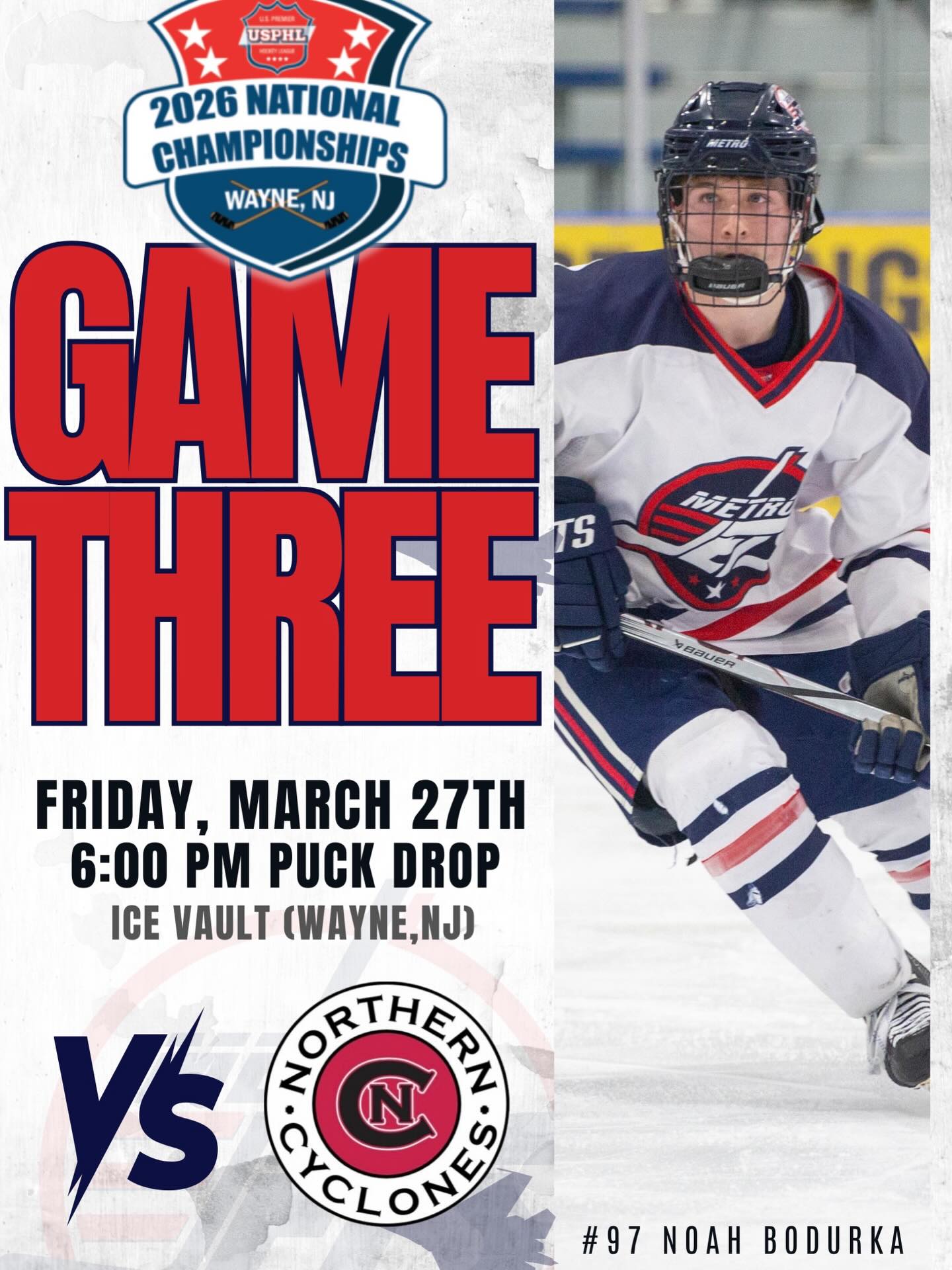 ‼️ ROUND ROBIN FINALE ‼️
The #MetroJets finish up #USPHLNationals round robin play tonight at 6pm against the Northern Cyclones.
Stream the game at BlackBearSports.tv and check the comments here for updates.
Let’s do this, fellas!
#PlayLikeBray