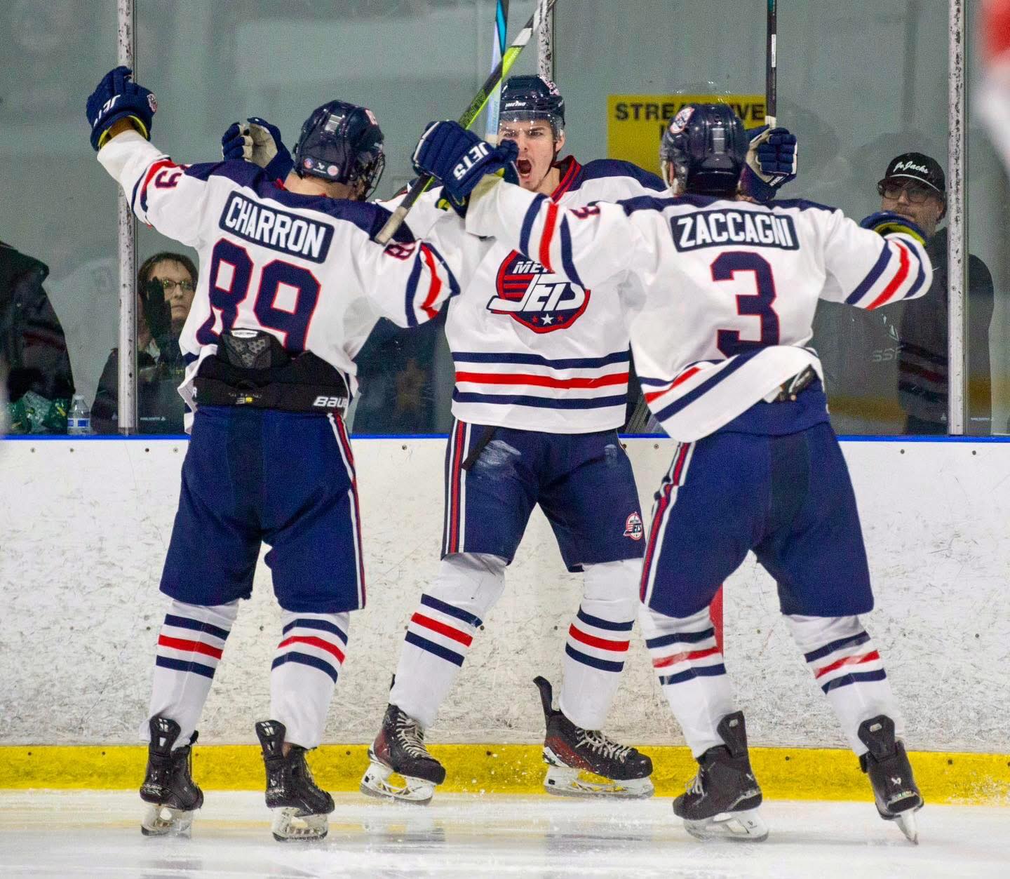 #MetroJets players celebrate a goal in the series-clinching game of the 2026 #USPHLPlayoffs Great Lakes Division semifinals against the Red River Spartans on March 7, 2026.
#CellySunday #PlayLikeBray