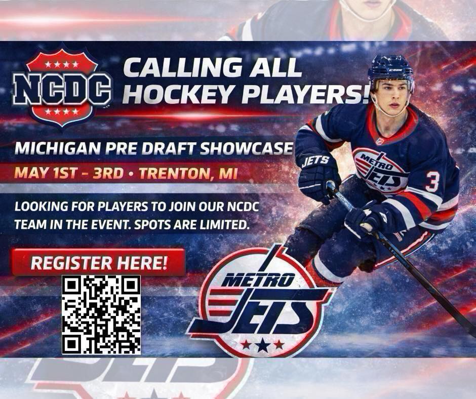 ✈️ PRE-DRAFT SHOWCASE ✈️ 

Want to play for the #MetroJets next season in the NCDC? Only a couple spots left! 

Come to the Michigan Pre-Draft Showcase, scheduled for May 1-3 in Trenton, Mich. Get a practice in on Thursday as well!

To register, contact Jake Howie (810) 444-0171  or scan the QR code or visit https://forms.gle/44bKiV37QcuQ3b5R9.

Spots are limited and a practice is provided as well before the 4-game guarantee tournament.

Let’s go!!

#PlayLikeBray