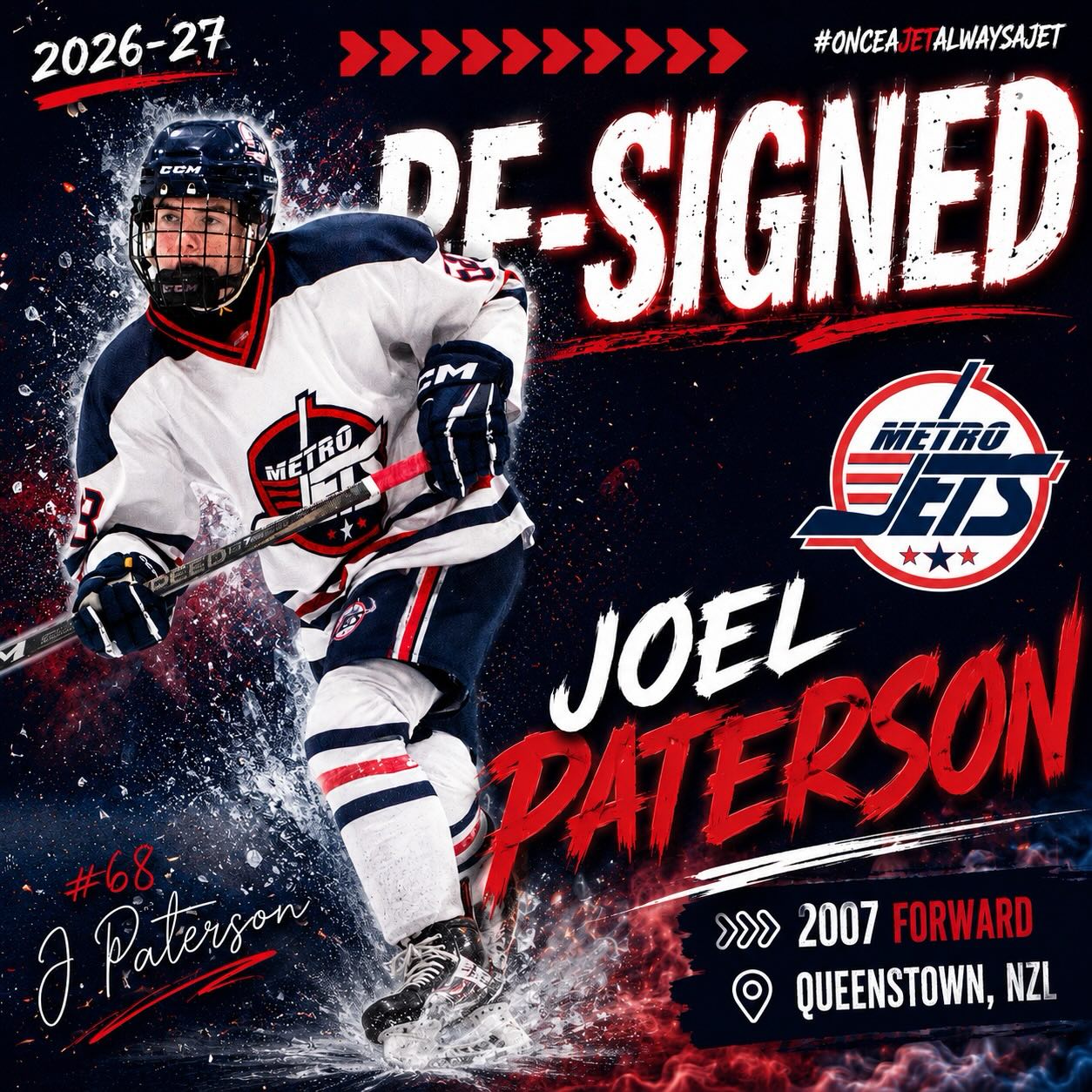🔔 PLAYER SIGNING 🔔
The #MetroJets are excited to announce the re-signing of forward Joel Paterson for the 2026-27 season!
Last season with #JetsNation, Paterson recorded six goals and four assists for 10 points in 35 games with one assist in four postseason games.
Paterson also represented his native New Zealand at the IIHF World Junior Hockey Championship, posting three assists in five games.
Joel bought in to our development model last year and we’re stoked to see what another season in Jets colors will do for Patty.
Welcome back to Mount Clemens Ice Arena!
#PlayLikeBray