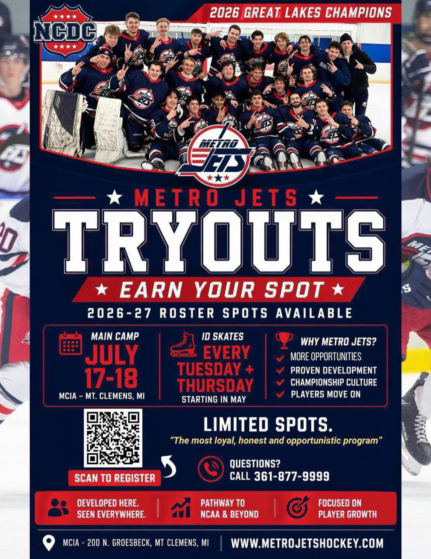 ✈️ WHO WANTS TO BE A JET? ✈️
As we continue to build on the tradition that has become #MetroJets hockey, we are looking forward to the 2026-27 USPHL and NCDC seasons with ID skates and main camp at Mount Clemens Ice Arena!
Want to jump aboard #JetsNation?
Scan the QR code below or visit https://www.metrojetshockey.com/player-interest/ to start your flight today!
#PlayLikeBray