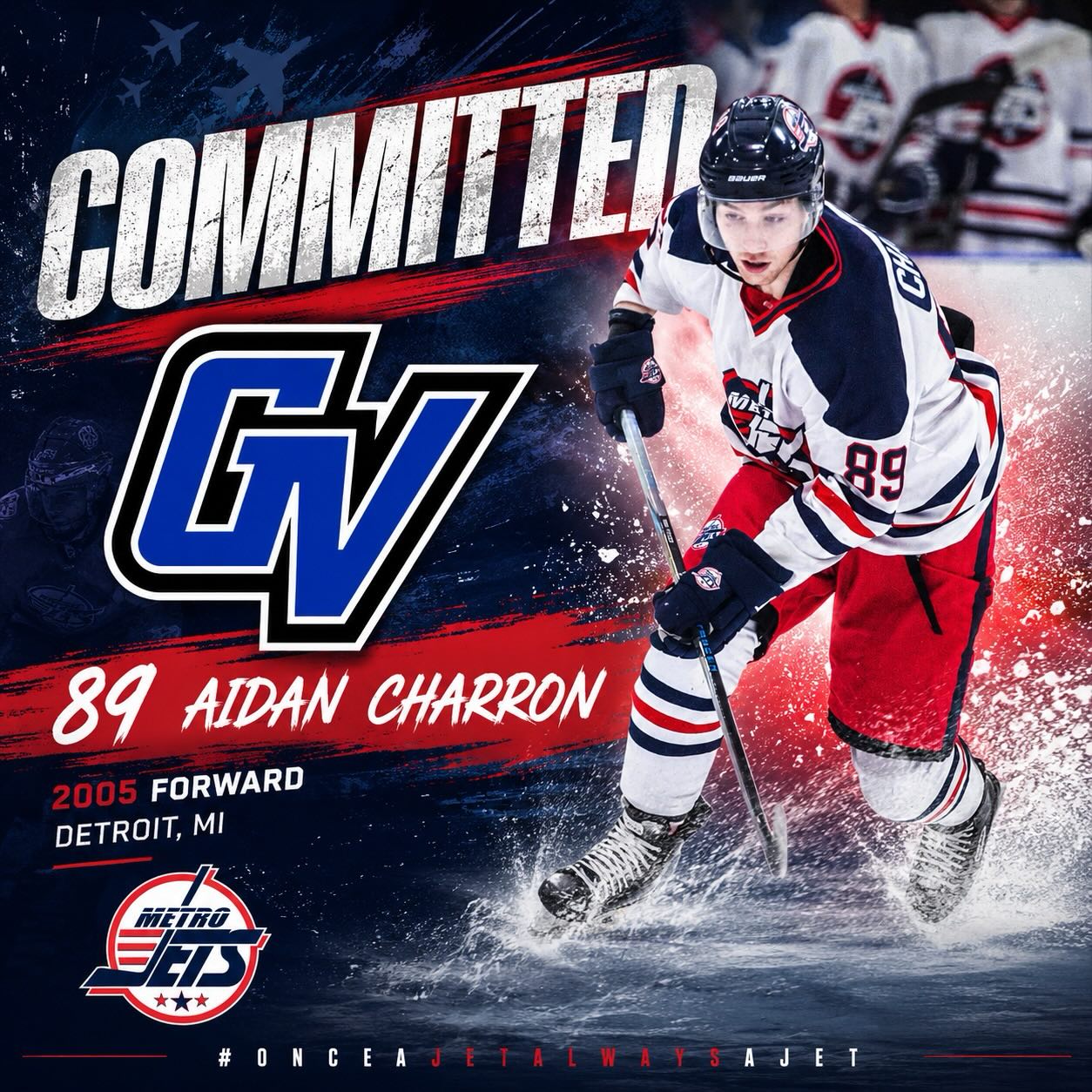 🔔 PLAYER ADVANCEMENT 🔔
The #MetroJets are thrilled to announce that forward Aidan Charron has committed to play #CollegeHockey next season at Grand Valley State!
During the 2025-26 season, Aidan collected 16 goals and 23 assists for 39 points in 44 regular-season games, adding a goal and two assists for three points in eight postseason games.
Charron was a player that came to the Jets hungry to learn and round out his game to be able to play at higher levels.
Mission accomplished!
Congrats, Aidan! Go prove to GVSU that you are #CollegeReady!
#JettingToCollegeHockey #OnceAJetAlwaysAJet ✈️ PlayLikeBray