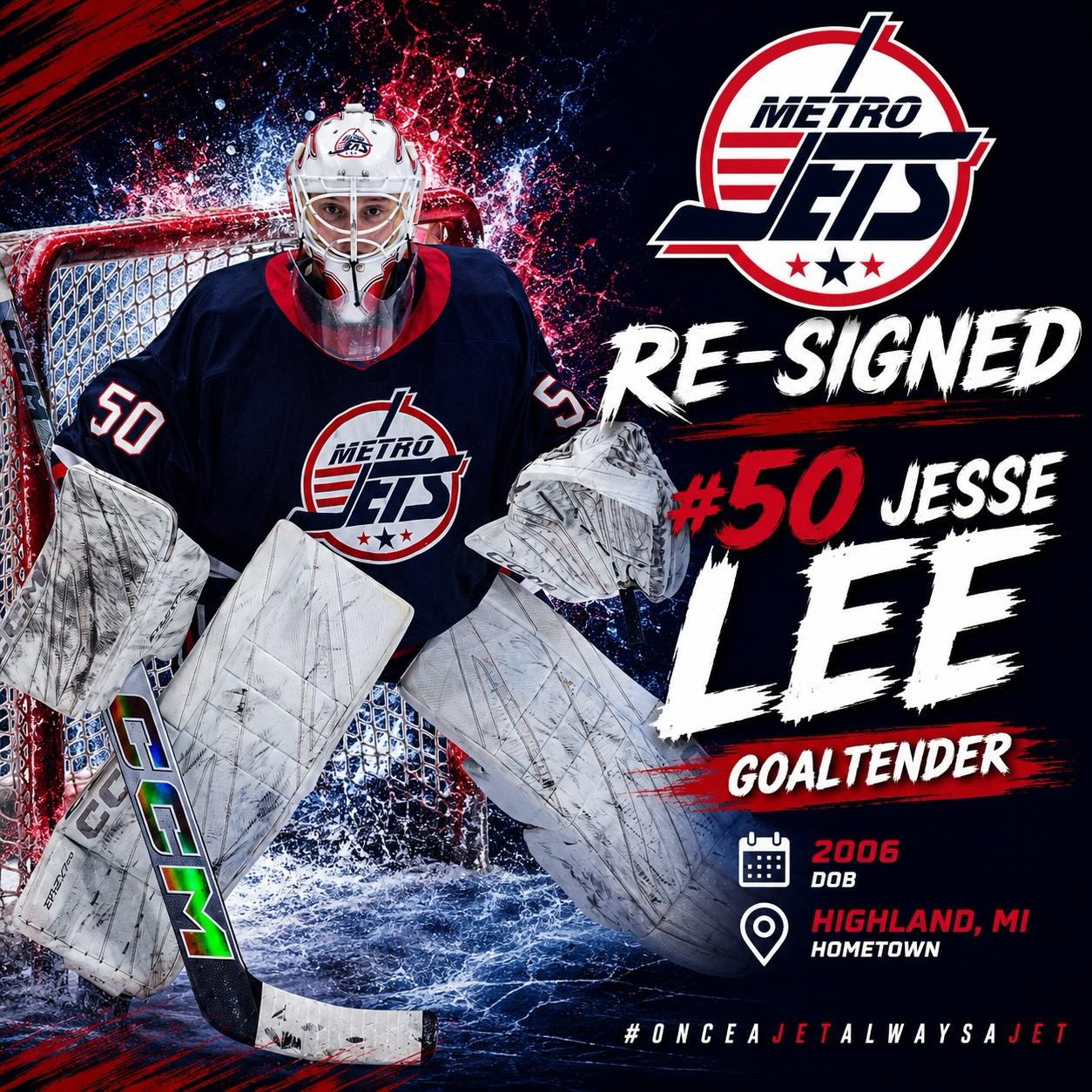 🔔 PLAYER SIGNING 🔔
The #MetroJets are excited to announce the re-signing of goaltender Jesse Lee for the 2026-27 season!
A Highland, Mich., native, Lee returns to #JetsNation after making his junior hockey debut in 2025-26.
Jesse is a very coachable player that adds tremendous depth to our goaltending pool and is a player we are pumped to work with for another season.
Welcome back to Mount Clemens Ice Arena!
#PlayLikeBray