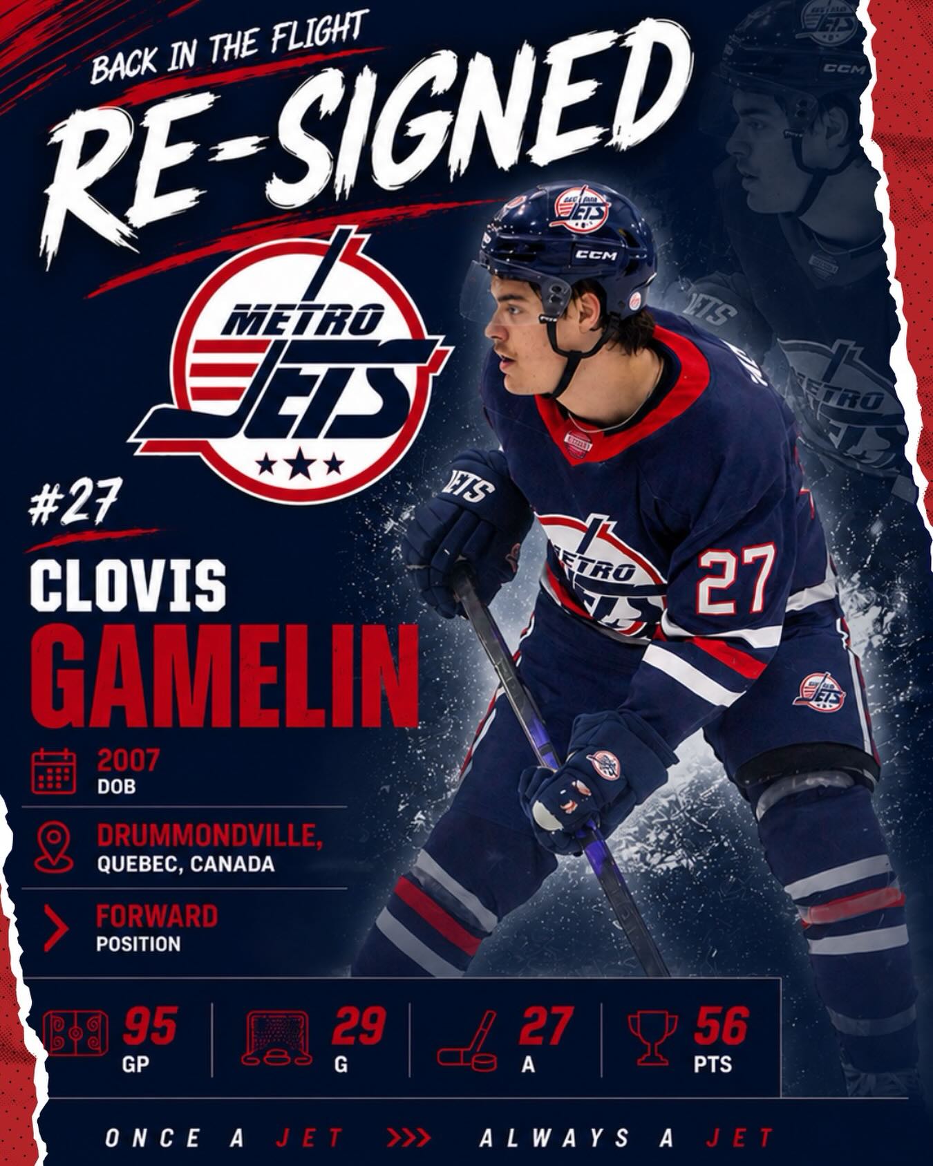 🔔 PLAYER SIGNING 🔔
The #MetroJets are thrilled to announce the re-signing of forward Clovis Gamelin for the 2026-27 season!
Hailing from Drummondville, Quebec, Gamelin makes his return to #JetsNation after compiling 28 goals and 25 assists for 53 points in 88 regular-season games the past two seasons, in addition to a goal and two assists for three points in seven postseason games.
Gammer has taken his game to new levels the past two seasons and we can’t wait to see what Year 3 brings!
Welcome back to Mount Clemens Ice Arena!
#PlayLikeBray