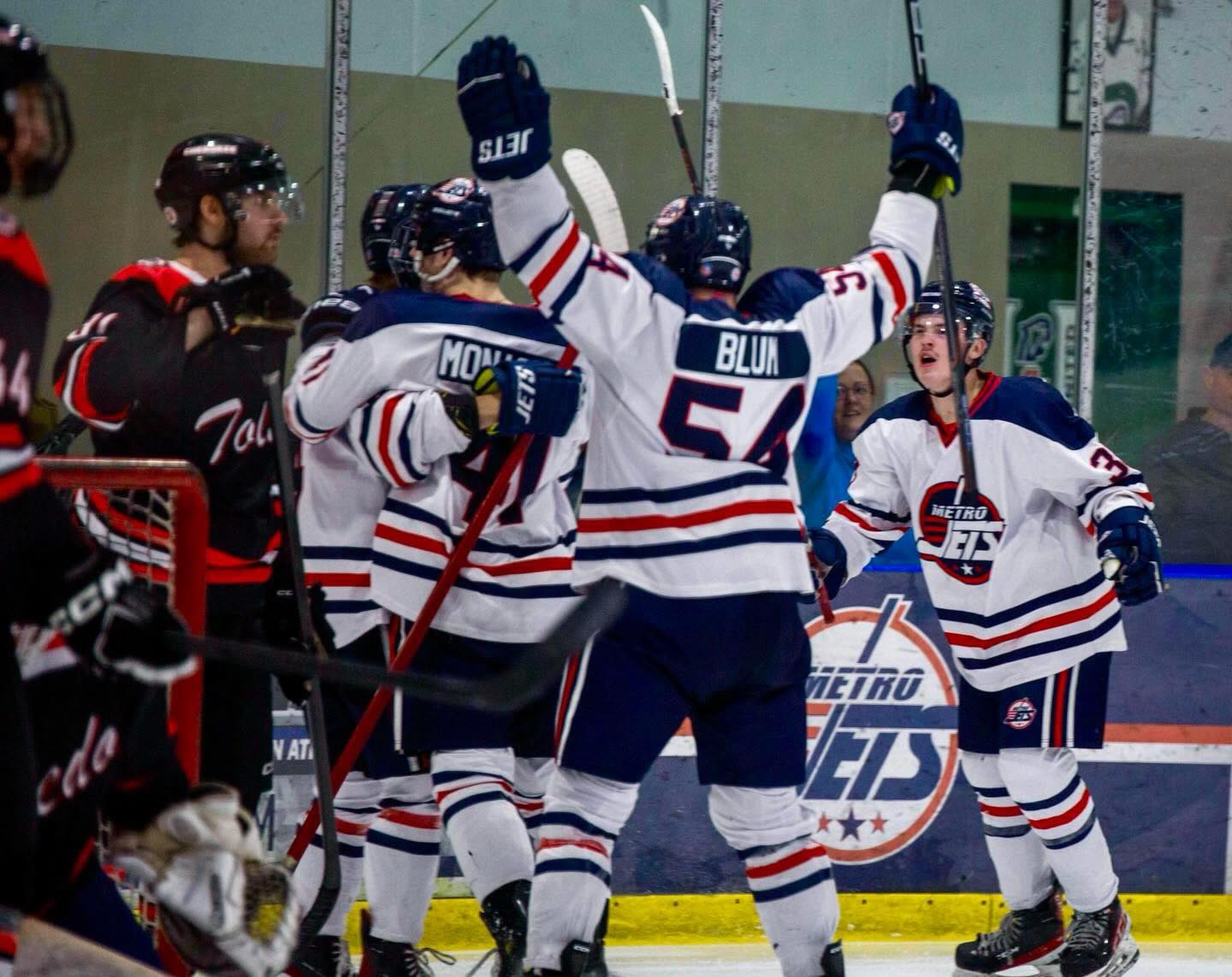 #MetroJets players celebrate a goal during a 5-4 win over our friends from Lucas County, Ohio, on March 16, 2025, at Mount Clemens Ice Arena in a thrilling Game 3 matchup to claim the Great Lakes Division championship and advance to #USPHLNationals. 
 
#CellySunday #PlayLikeBray
