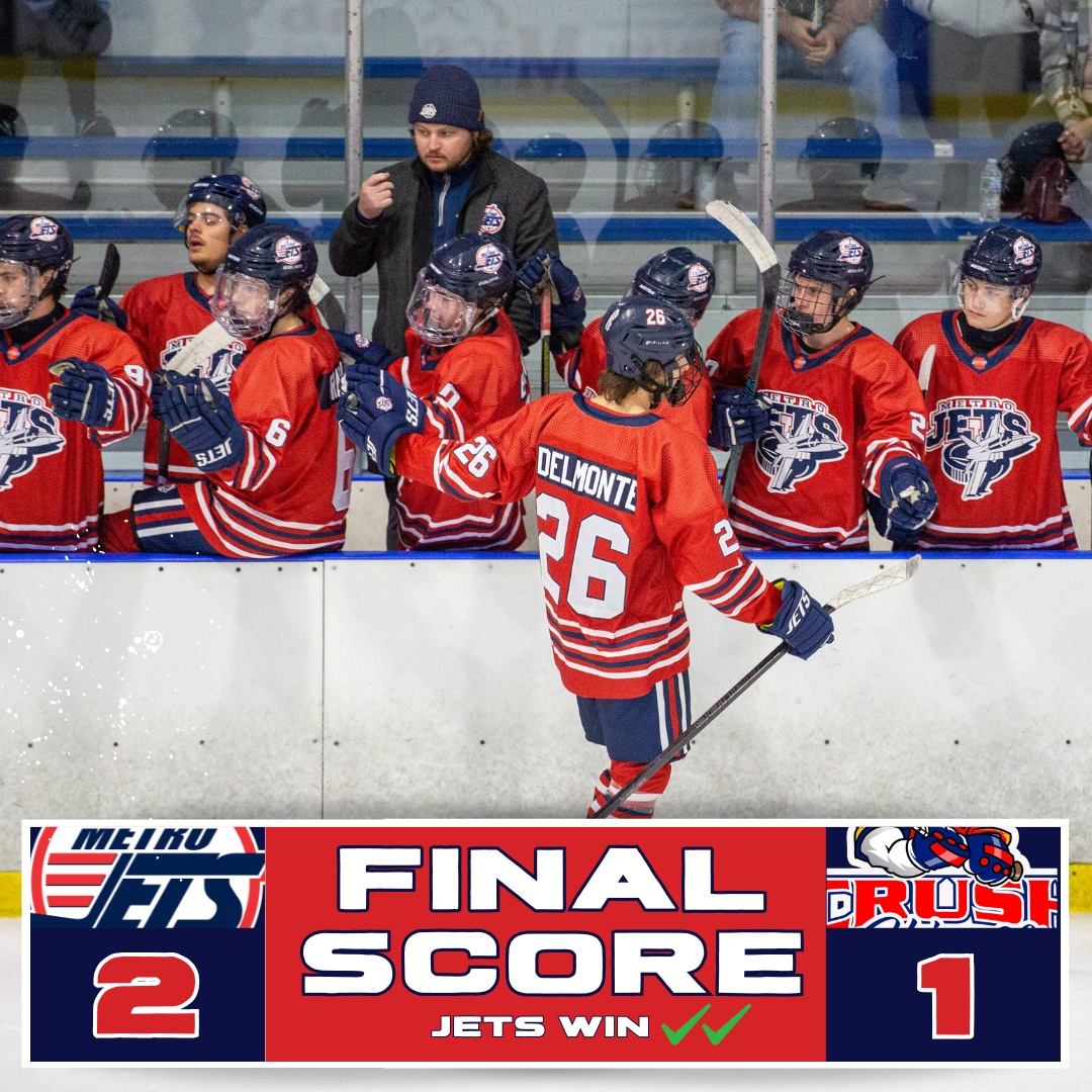 🚨JETS TAKE GAME 1 in Chicago!🚨
2-1 win vs the Crush with goals by:
🏒 #27 Clovis Gamelin
🏒 #11 Cam Staskowski
Win between the pipes is #31 Cam Cyrus with 32 saves. Shots in the game were 41 Jets - 33 Crush.
See you tomorrow for Game 2.
#twoclapstwopoints #PlayLikeBray