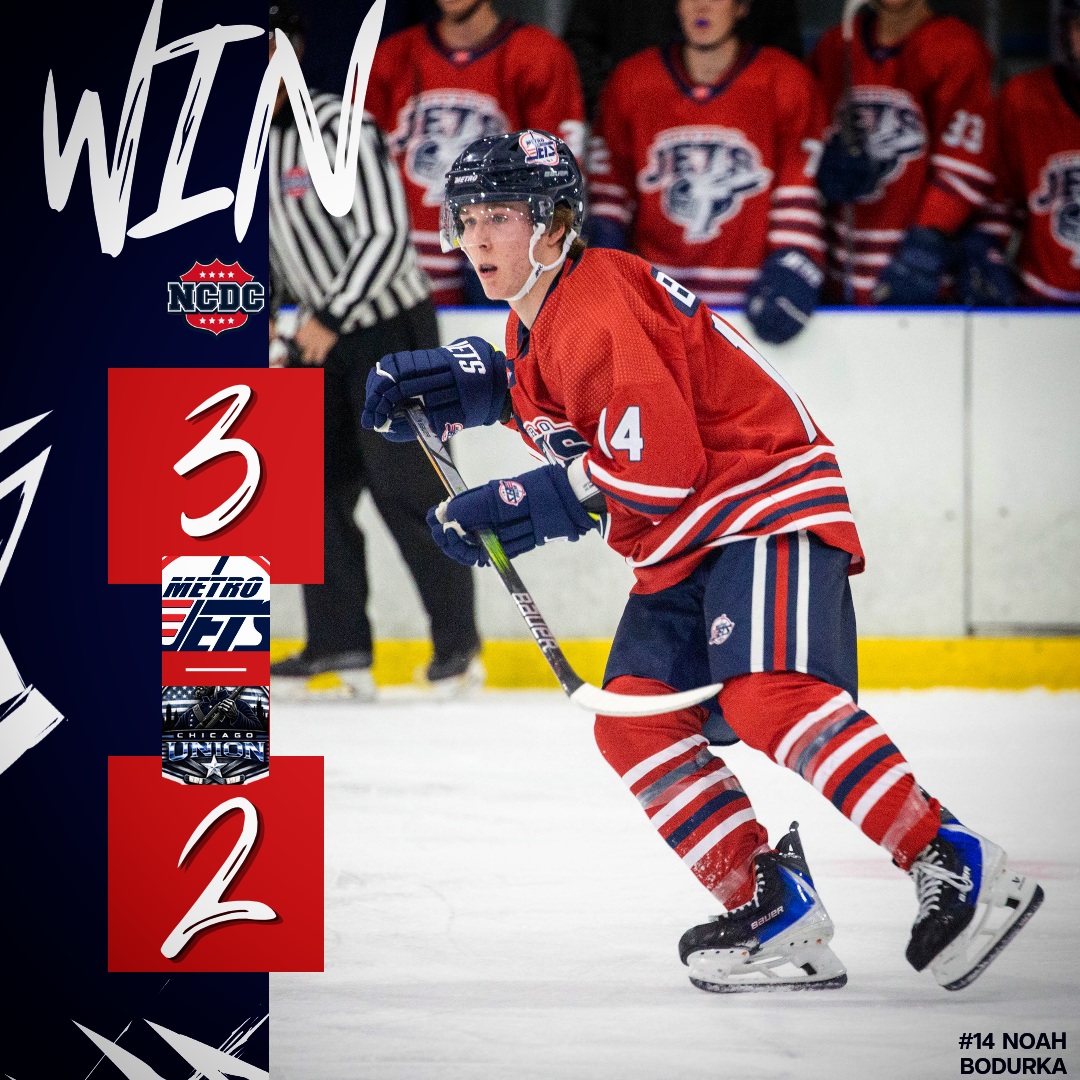 🚨NCDC JETS TAKE OUT UNION!🚨
🏒 Overtime Win 3-2. Jets were down 0-2 mid way through the 3rd Period. After big saves by goaltender #30 @p.hall30, your Jets found the back of the net twice from #9 Isaac Bunk and #63 @rydernovock. From then on the Jets controlled the game and eventually saw a coast-2-coast goal by Jets forward #14 @noahdurka14. Final Shots 32-26 Union, but the 2 points go the good guys! #twoclapstwopoints #juniorhockey #roadwin #playlikebray