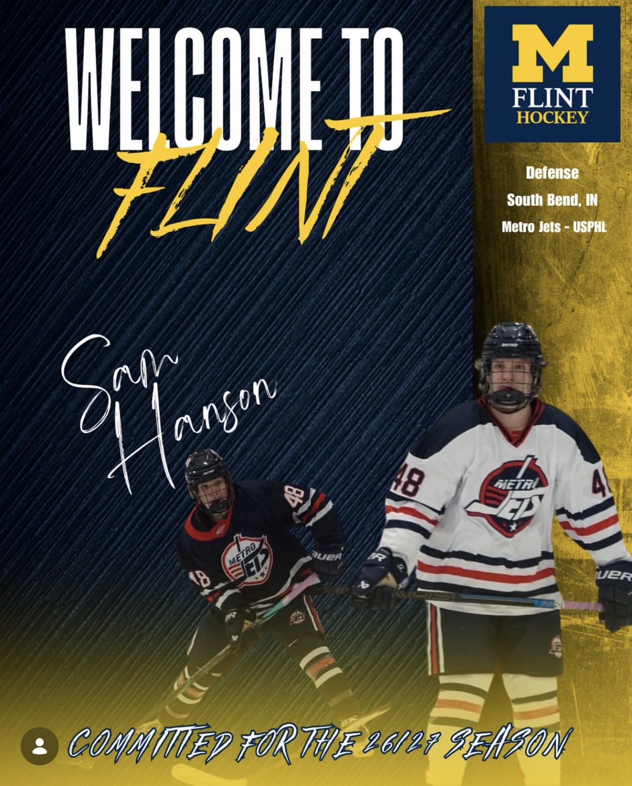 Three-year Jets blueliner Hanson staying in Michigan with University of Michigan-Flint commitment