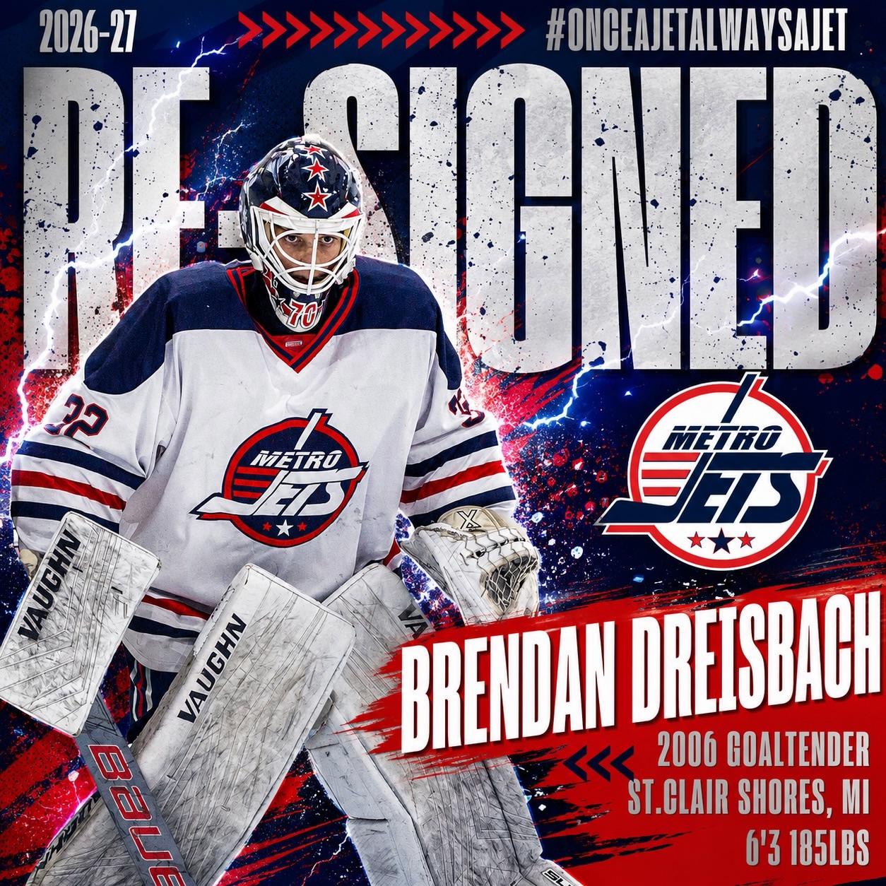 The #MetroJets are thrilled to announce the re-signing of goaltender Brendan Dreisbach for the 2026-27 season!

The St. Clair Shores native Dreisbach returns to #JetsNation for his final junior campaign. Posting a career best 12-6-2 record, a .914 SV% and 4 shutouts last season with the Jets Elite team.  

As we near the start of players reporting, everyone is excited to get back on the ice and we look forward to seeing big things for Brendan in 26-27! 

Welcome back to the Jets!  

#playlikebray #metrojets #juniorhockey