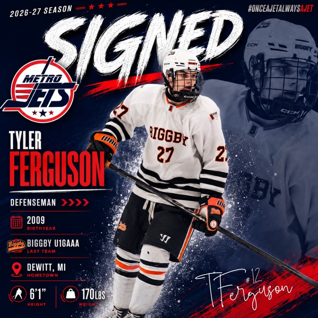 The #MetroJets are excited to announce the signing of defenseman Tyler Ferguson for the 2026-27 season!
The 2009 Dewitt, MI native officially signs with #JetsNation via the Biggby U16AAA program. If you want to catch Tyler on the ice in a Jets jersey, he will be in attendance at our Development Camp this week!
Welcome to the Jets!
#playlikebray #collegeready