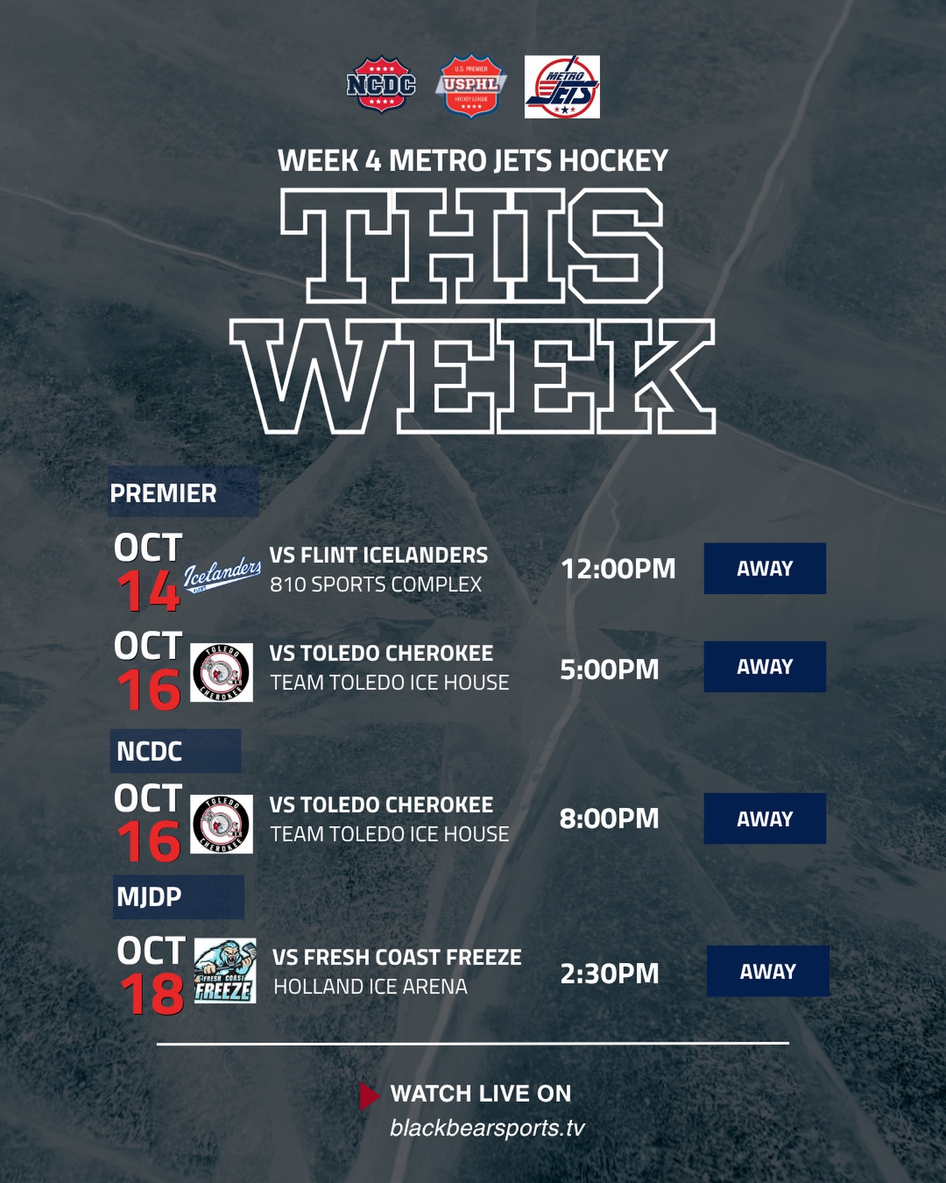 🏒 THIS WEEK’S SCHEDULE 🏒
The Metro Jets are hitting the road this week! ✈️
All games are away, but Jets Nation can still follow along and support the team from wherever you are.
📺 Watch LIVE on blackbearsports.tv
Let’s go, Jets! 🔥
#jetsnation #metrojets #onceajetalwaysajet #playlikebray