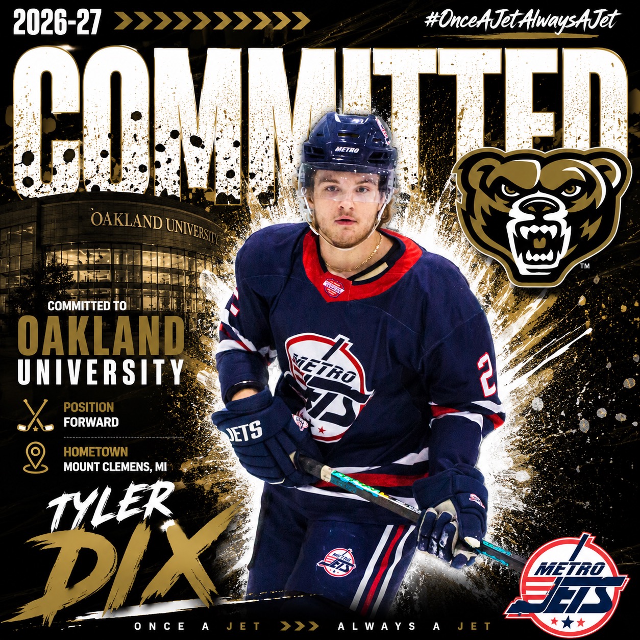 Three-year Jets forward, Mount Clemens native Dix commits to nearby Oakland University